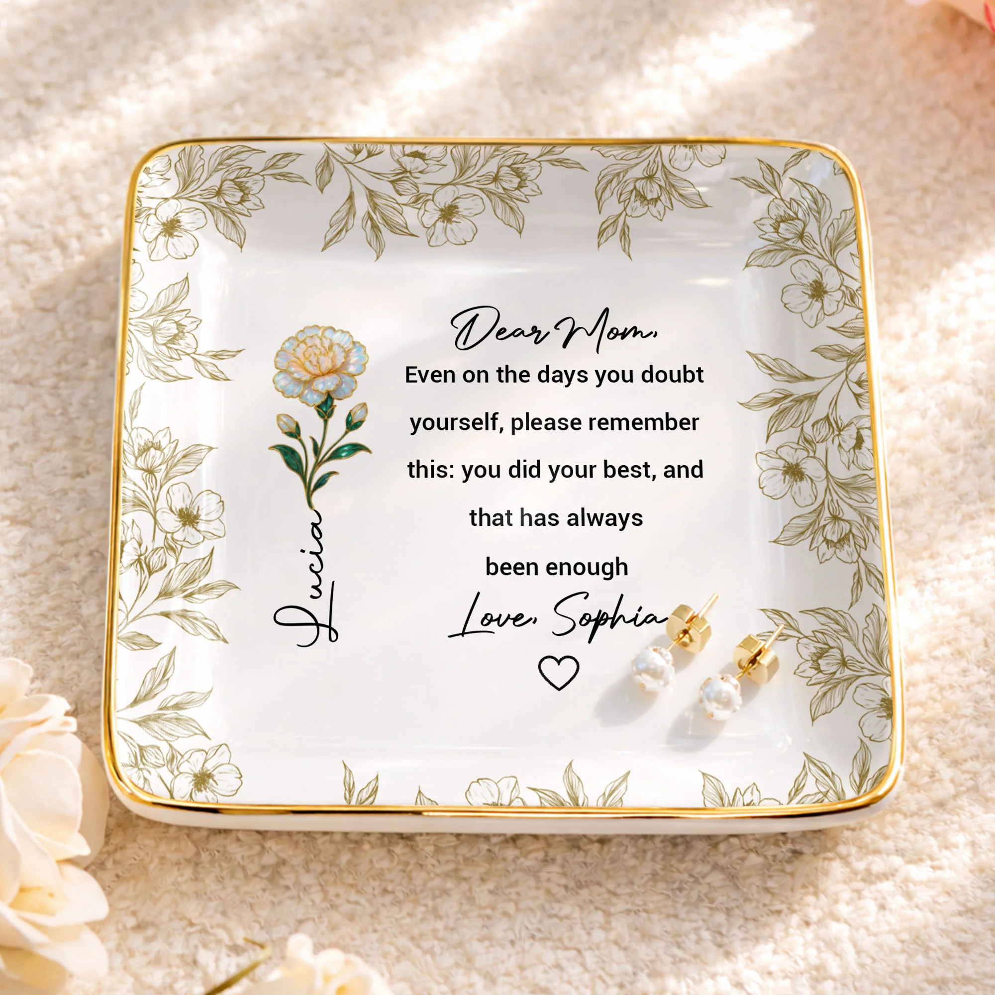 Dear Mom Even On The Days You Doubt Yourself Flower Jewelry Dish - Personalized Custom Jewelry Dish, Ceramic Dish, Square Shape - MOM175_SCRF - Image 3