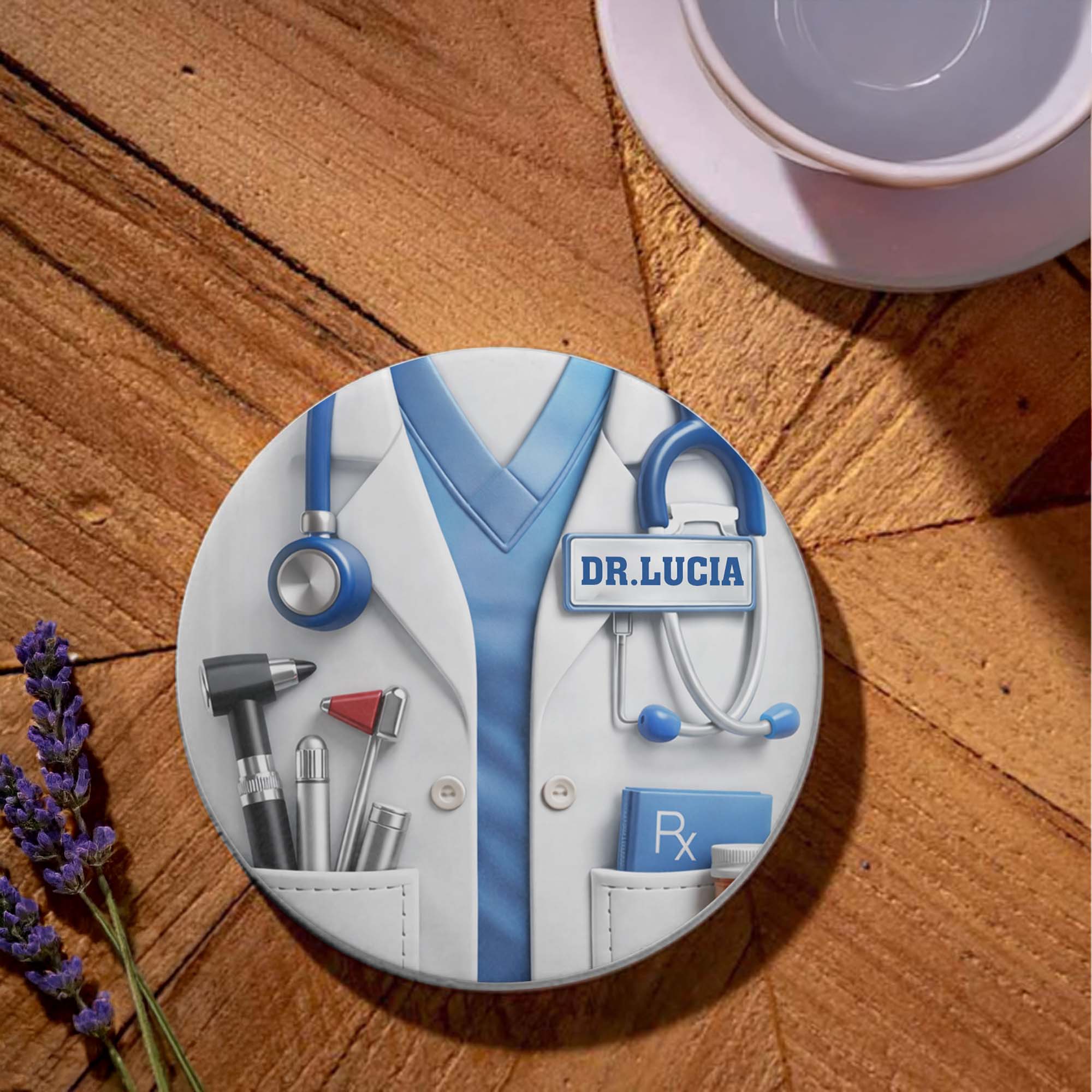 Dr. Rx Medical Lab Coat And Stethoscope Professional Design - Personalized Custom Ceramic Coaster - DOC078_ROCO - Image 3