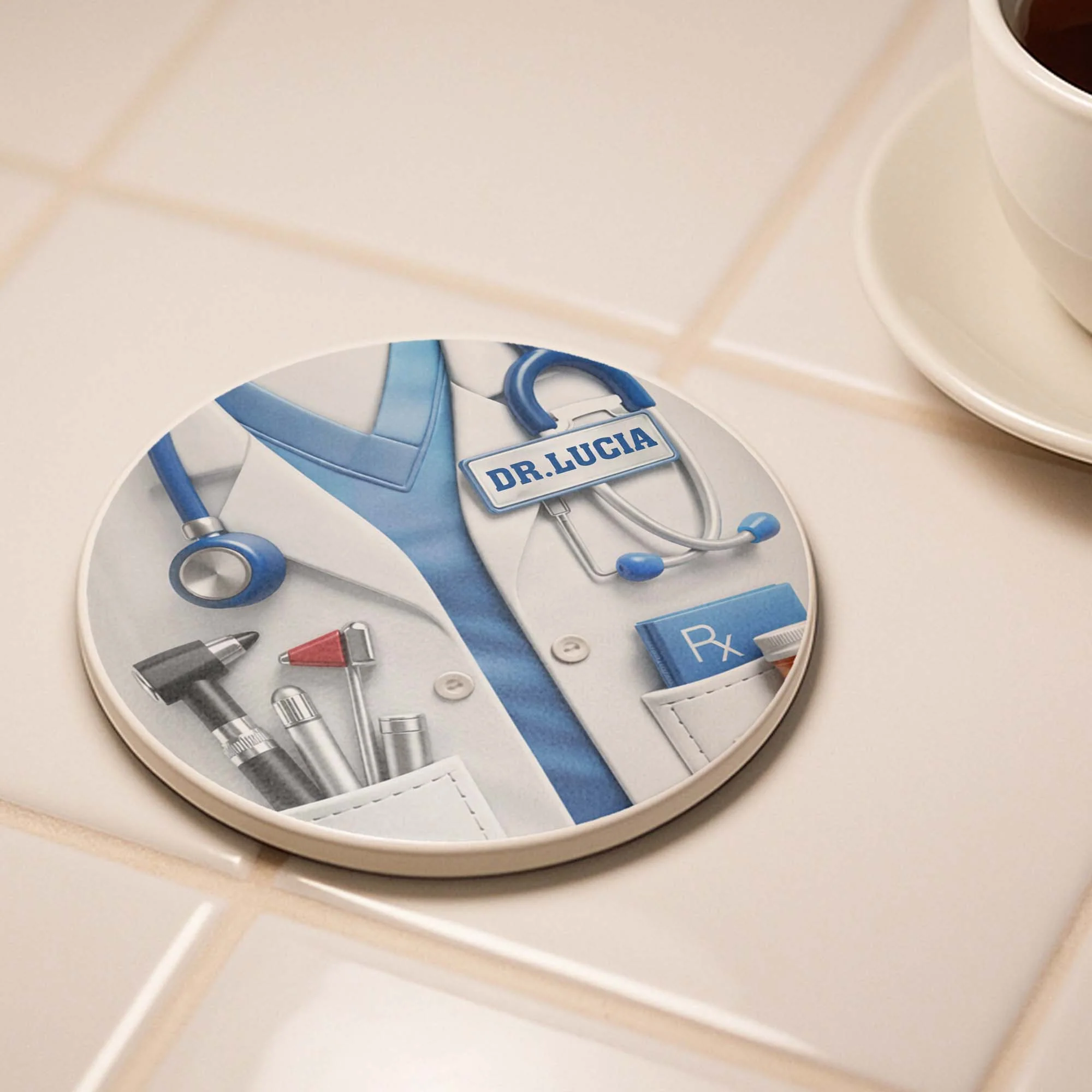 Dr. Rx Medical Lab Coat And Stethoscope Professional Design - Personalized Custom Ceramic Coaster - DOC078_ROCO - Image 4