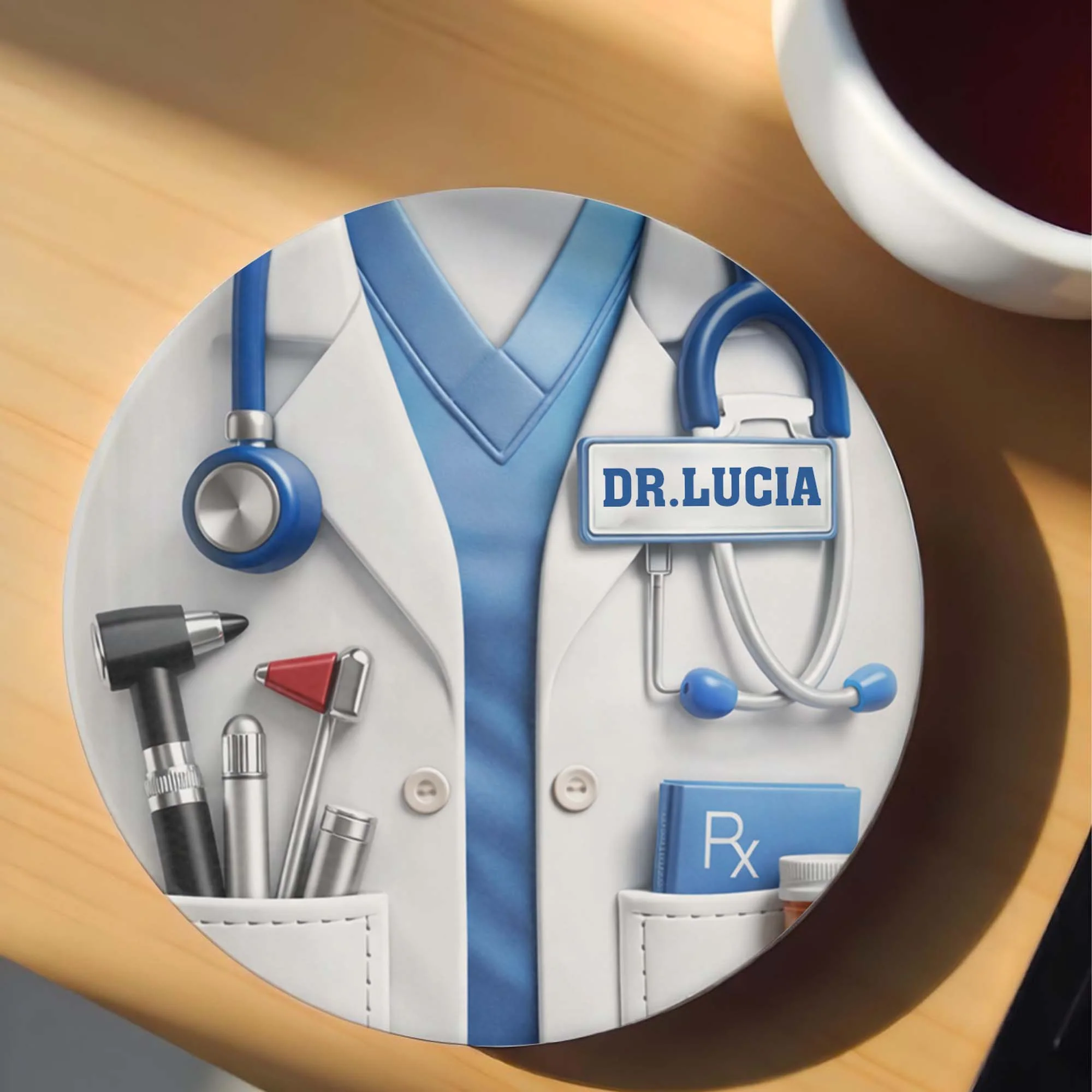 Dr. Rx Medical Lab Coat And Stethoscope Professional Design - Personalized Custom Ceramic Coaster - DOC078_ROCO - Image 5