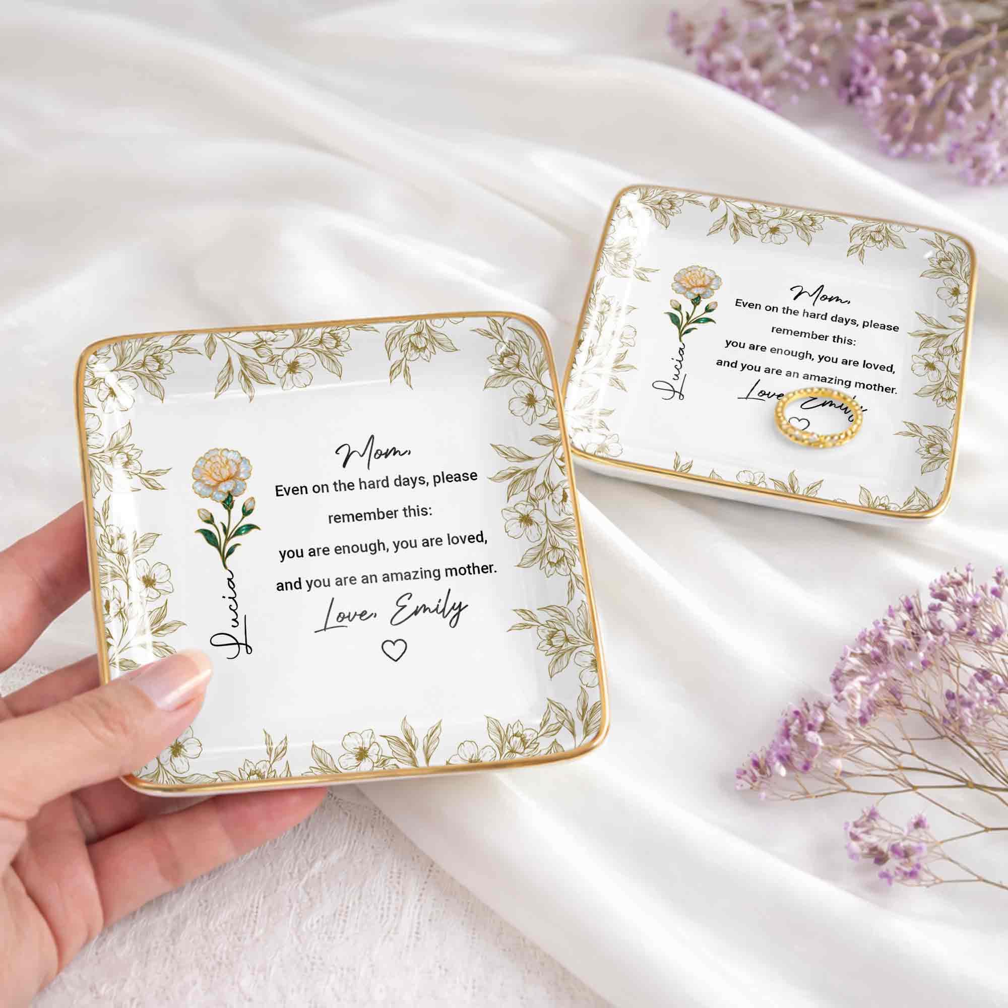 Even On The Hard Days Mom Message Floral Jewelry Dish - Personalized Custom Jewelry Dish, Ceramic Dish, Square Shape - MOM174_SCRF - Image 4