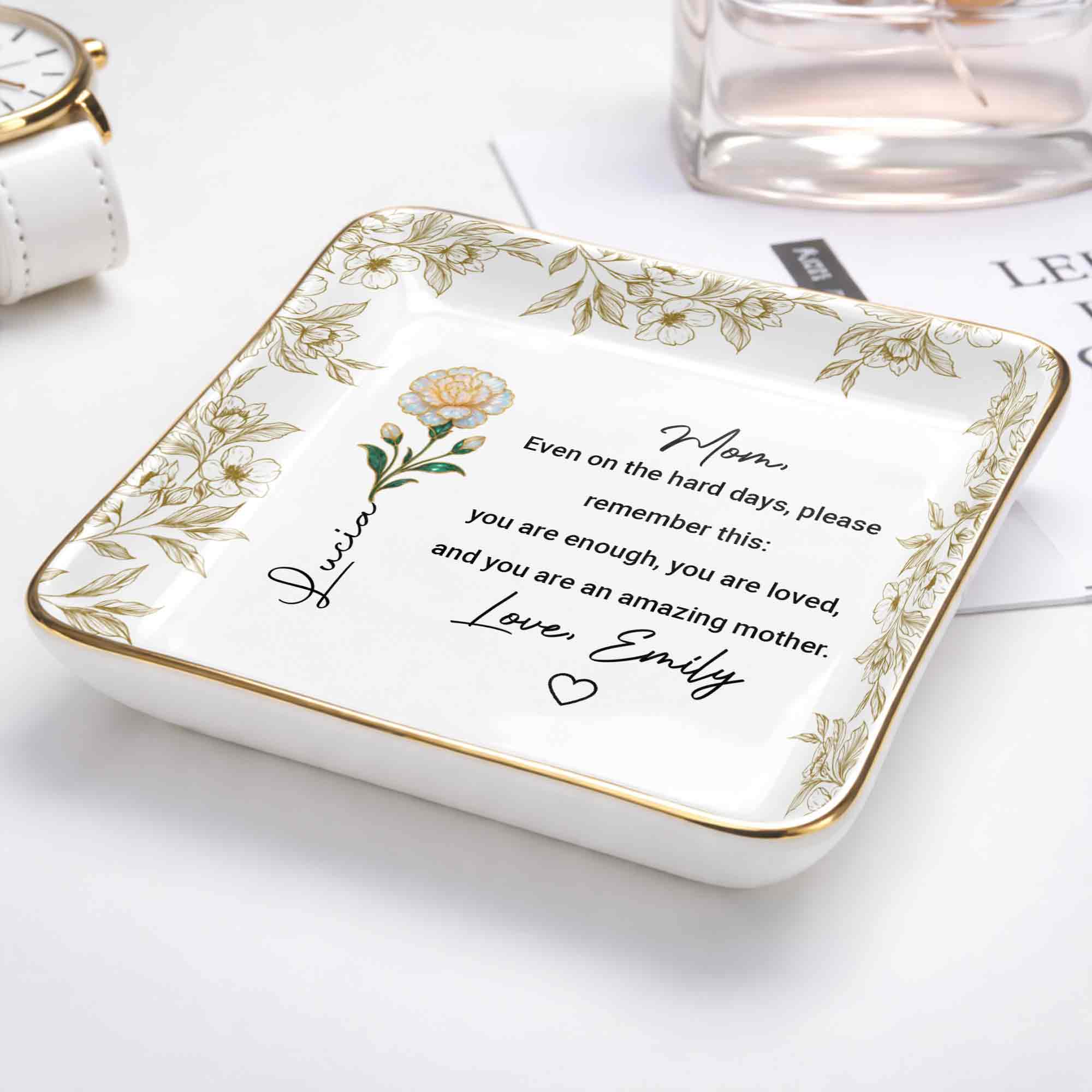 Even On The Hard Days Mom Message Floral Jewelry Dish - Personalized Custom Jewelry Dish, Ceramic Dish, Square Shape - MOM174_SCRF - Image 5