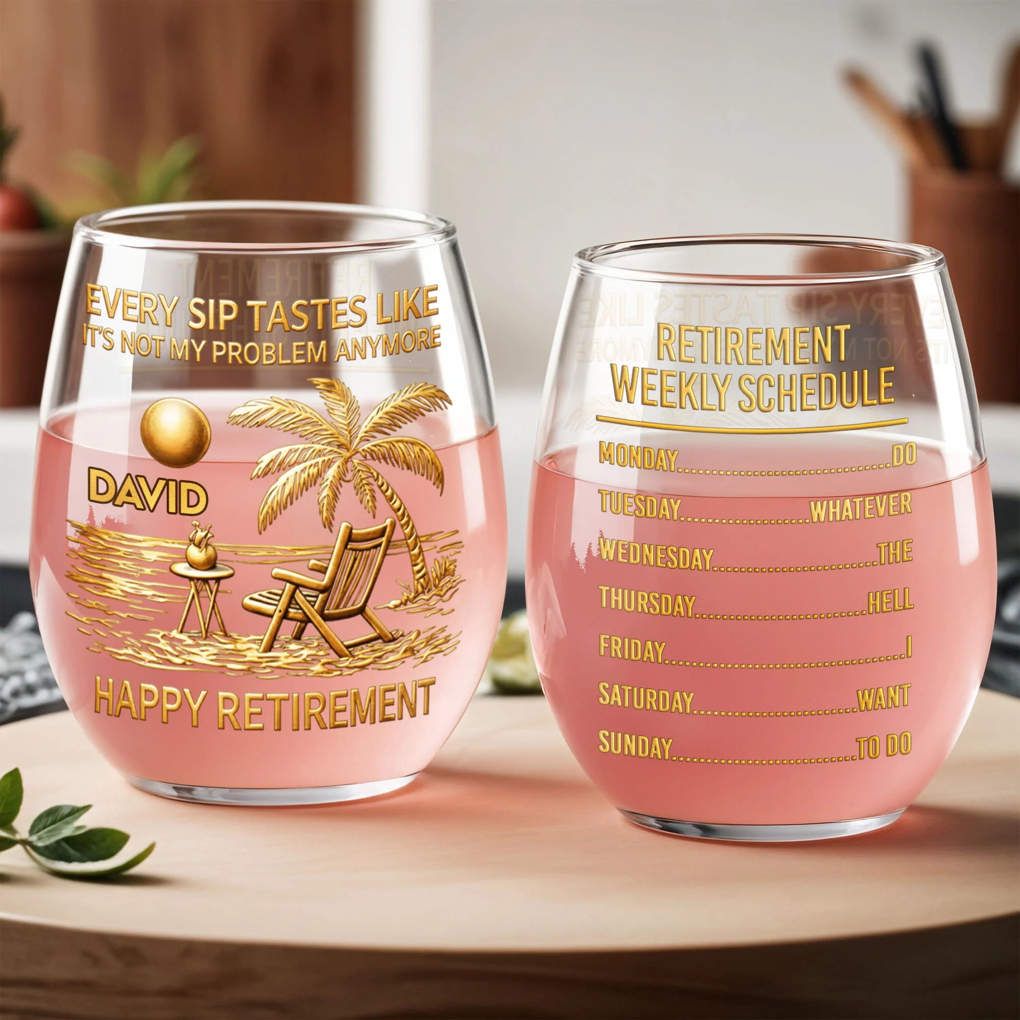Every Sip Tastes Like It's Not My Problem Anymore Palm Tree Beach Chair Happy Retirement - Personalized Stemless Wine Glass - RETIRE048_WIGL