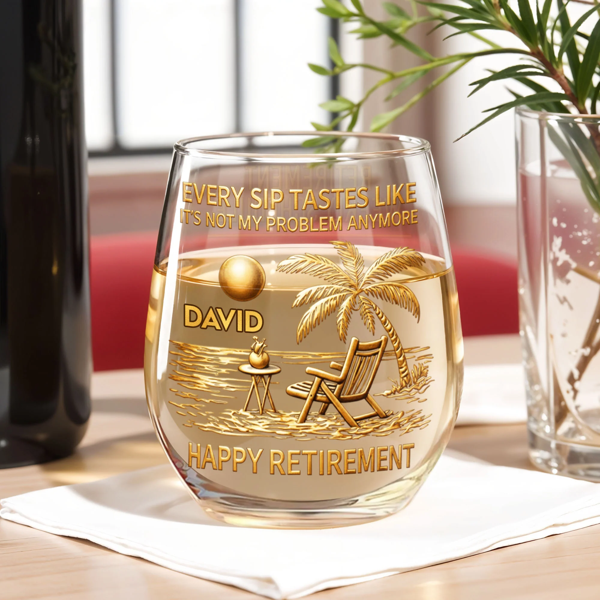 Every Sip Tastes Like It's Not My Problem Anymore Palm Tree Beach Chair Happy Retirement - Personalized Stemless Wine Glass - RETIRE048_WIGL - Image 2