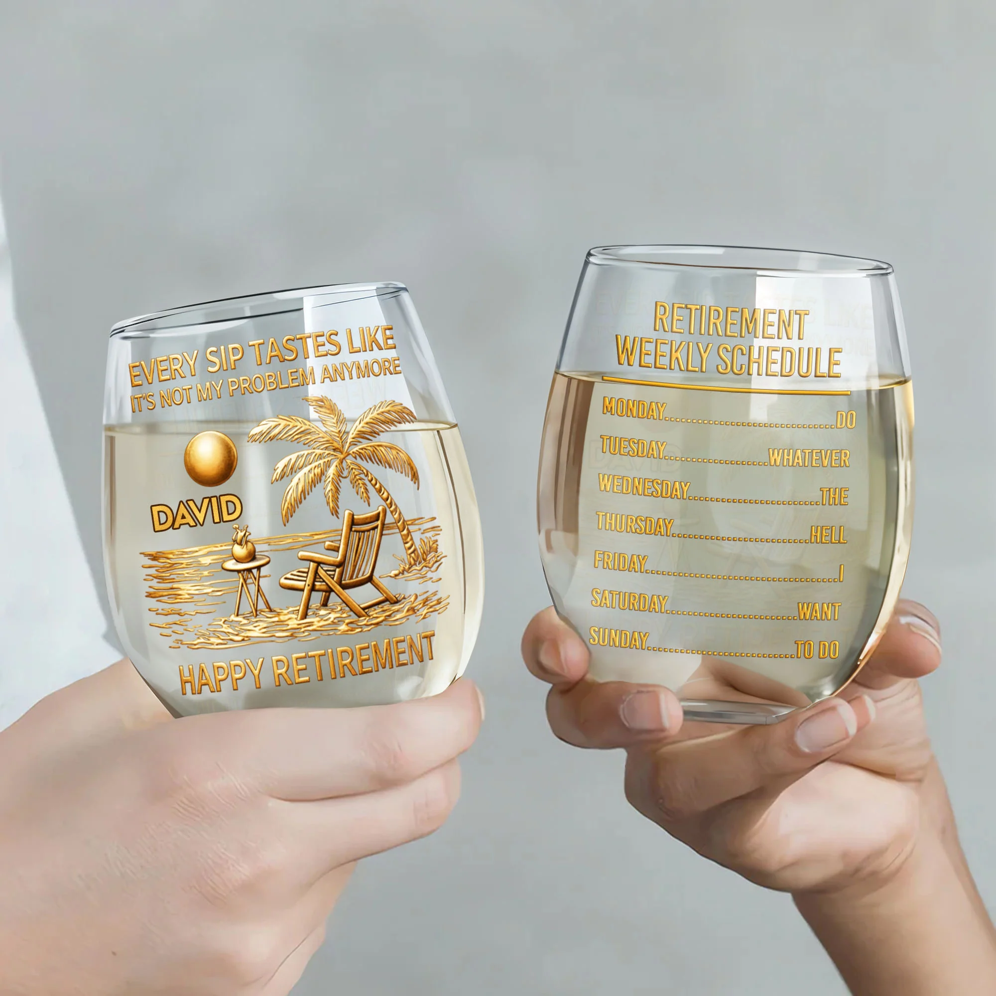 Every Sip Tastes Like It's Not My Problem Anymore Palm Tree Beach Chair Happy Retirement - Personalized Stemless Wine Glass - RETIRE048_WIGL - Image 3