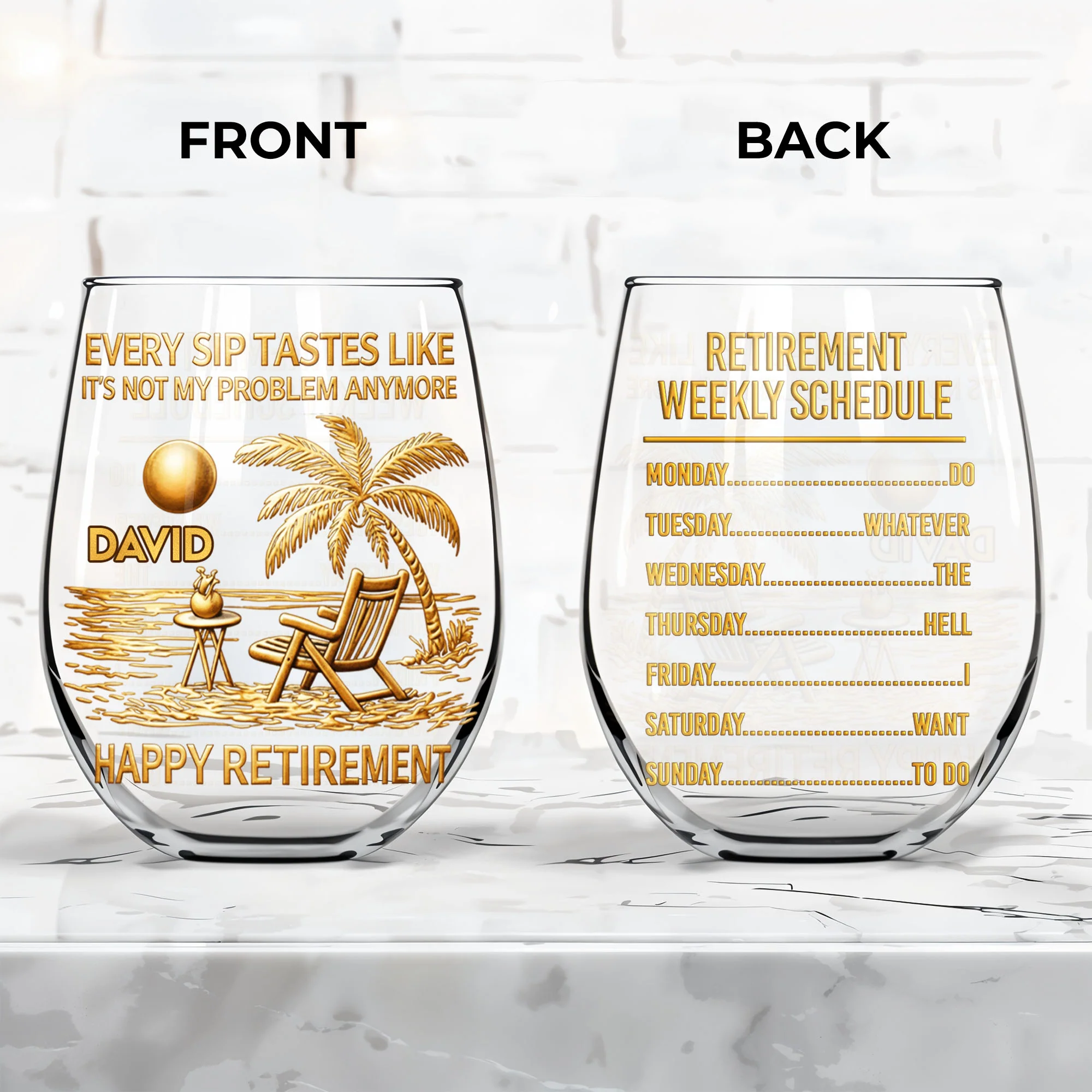 Every Sip Tastes Like It's Not My Problem Anymore Palm Tree Beach Chair Happy Retirement - Personalized Stemless Wine Glass - RETIRE048_WIGL - Image 5