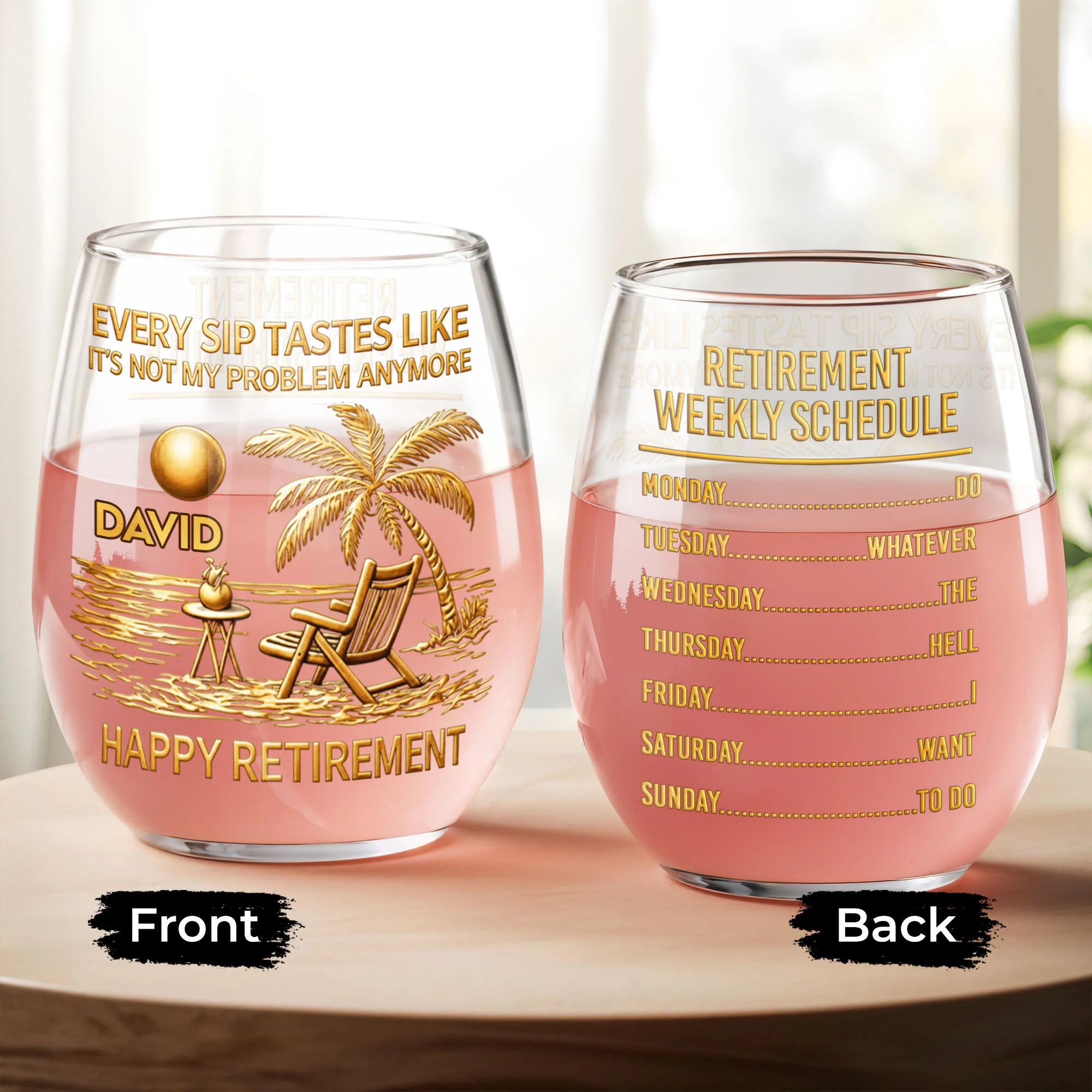 Every Sip Tastes Like It's Not My Problem Anymore Palm Tree Beach Chair Happy Retirement - Personalized Stemless Wine Glass - RETIRE048_WIGL - Image 6