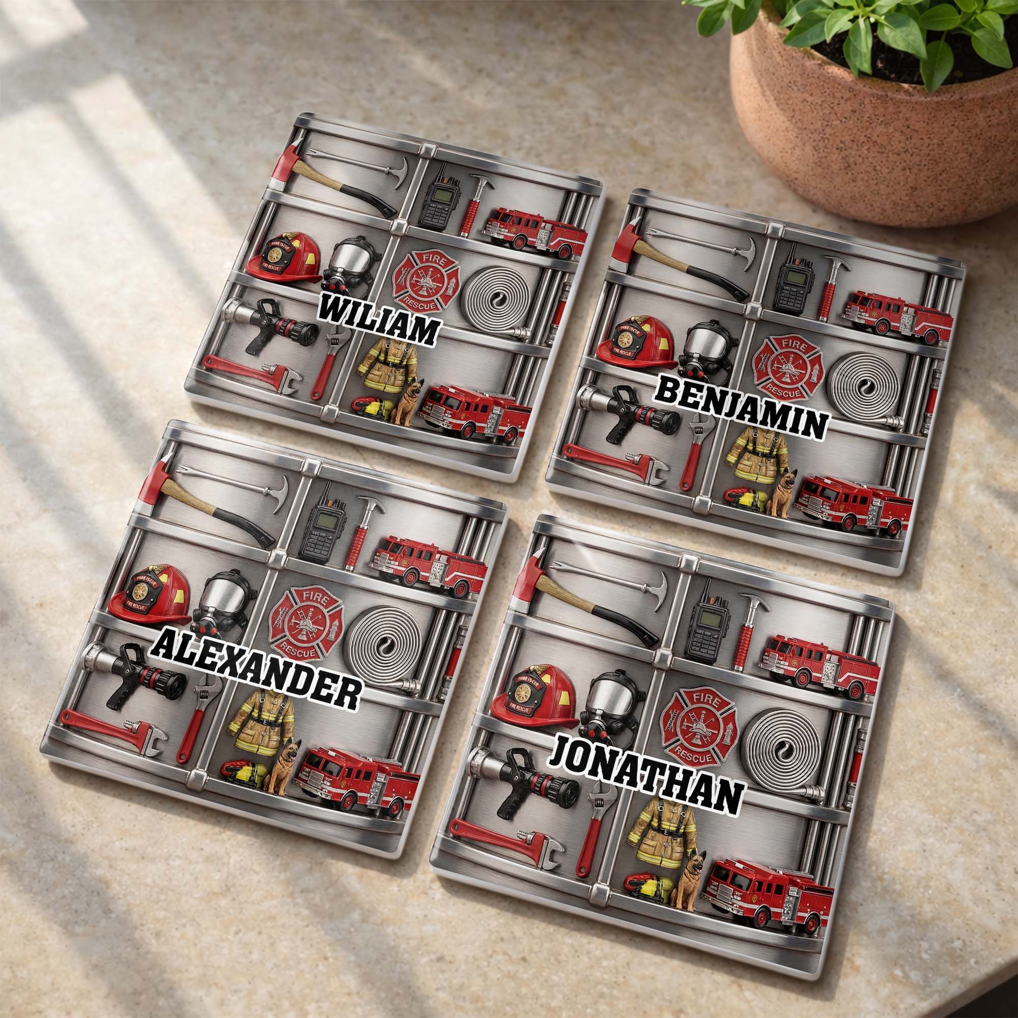 Fire Rescue Brave Hero Gear With Fire Truck And Helmet - Personalized Custom Ceramic Coaster, Square Shape - FIF050_SOCO - Image 12