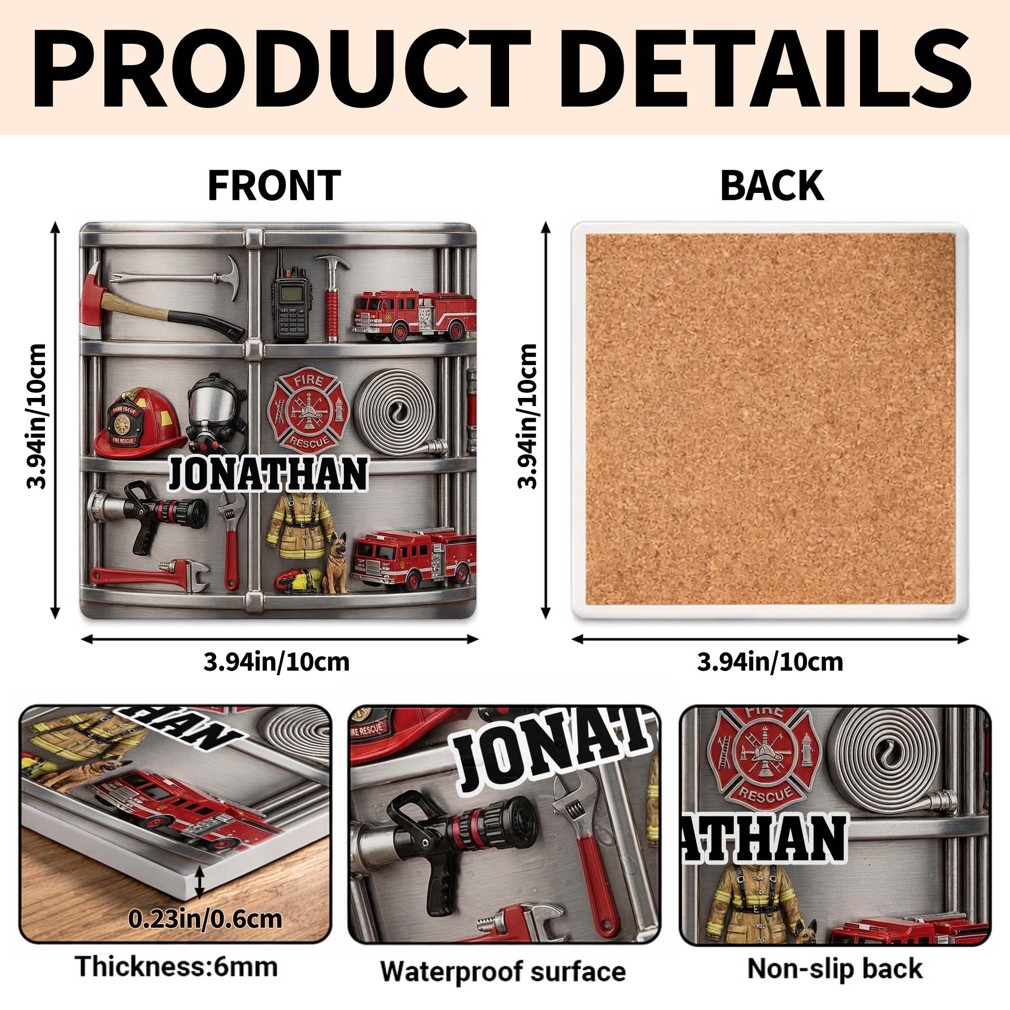 Fire Rescue Brave Hero Gear With Fire Truck And Helmet - Personalized Custom Ceramic Coaster, Square Shape - FIF050_SOCO - Image 3