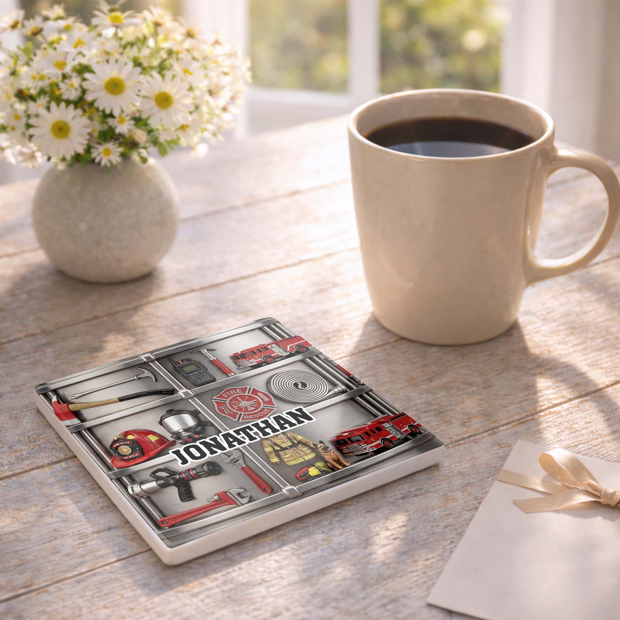 Fire Rescue Brave Hero Gear With Fire Truck And Helmet - Personalized Custom Ceramic Coaster, Square Shape - FIF050_SOCO - Image 5