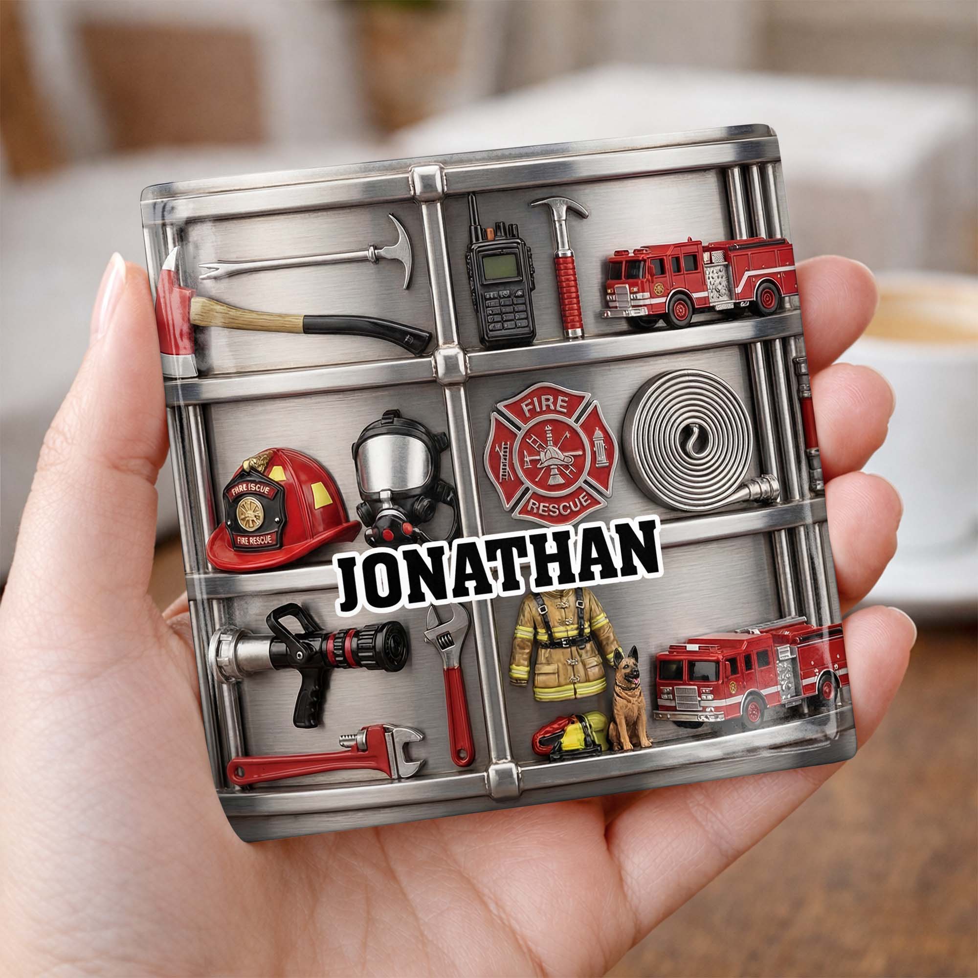 Fire Rescue Brave Hero Gear With Fire Truck And Helmet - Personalized Custom Ceramic Coaster, Square Shape - FIF050_SOCO - Image 6