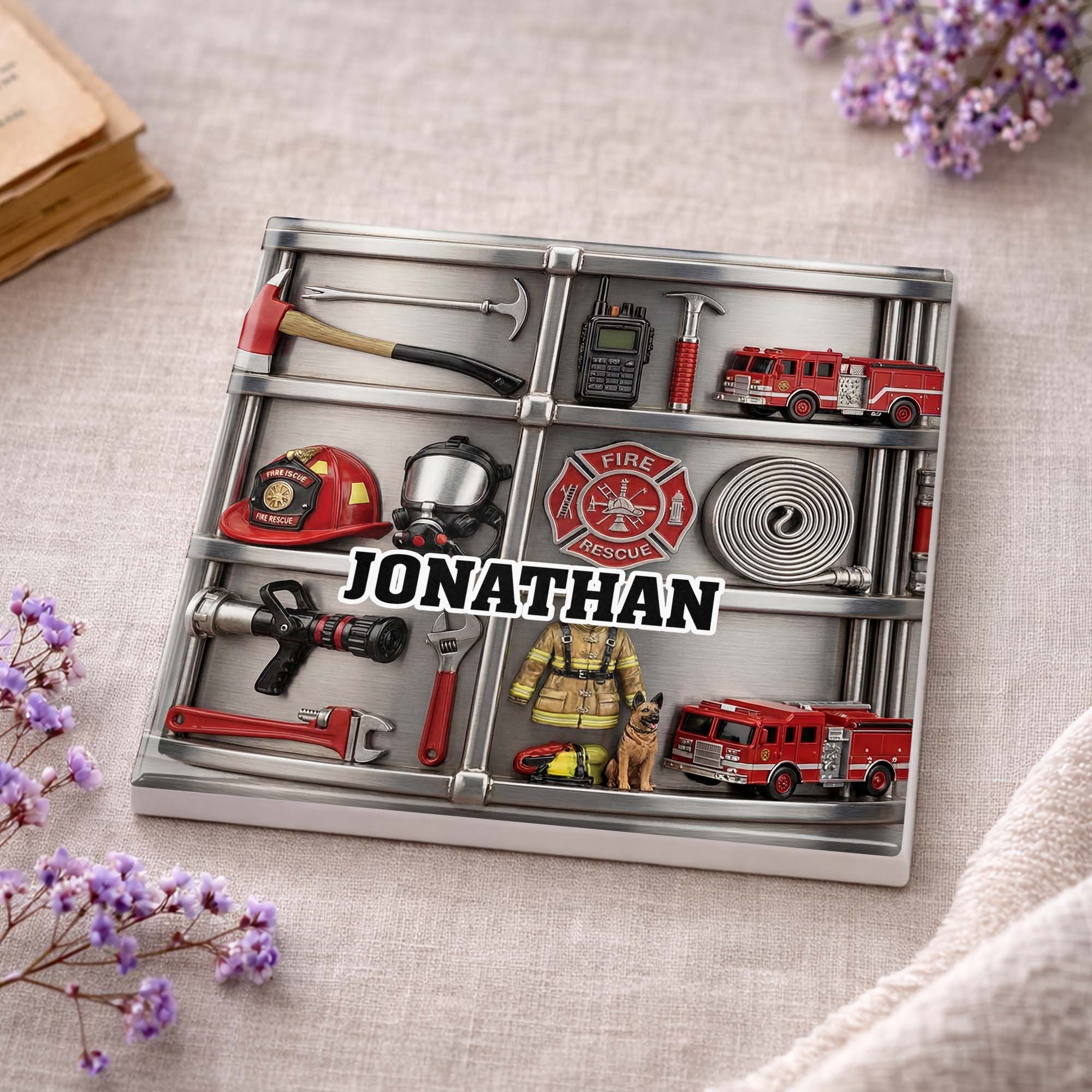 Fire Rescue Brave Hero Gear With Fire Truck And Helmet - Personalized Custom Ceramic Coaster, Square Shape - FIF050_SOCO - Image 9