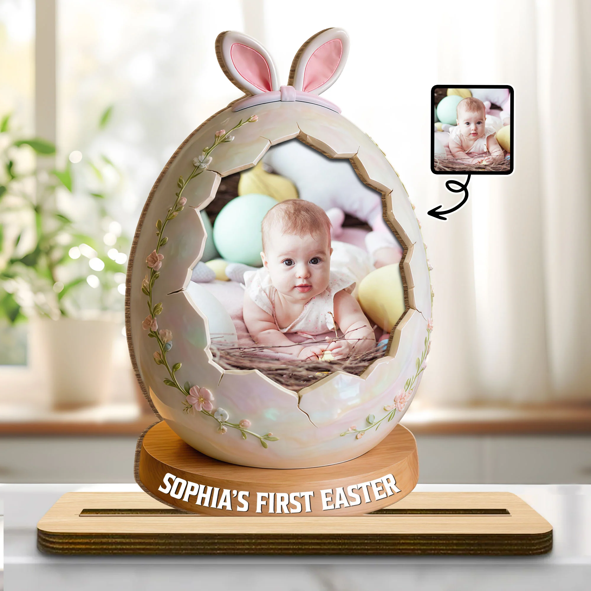 First Easter Personalized Photo Egg With Bunny Ears And Flowers - Personalized Custom 2-Layer Wood Plaque With Flat Base - KID583_WPLA