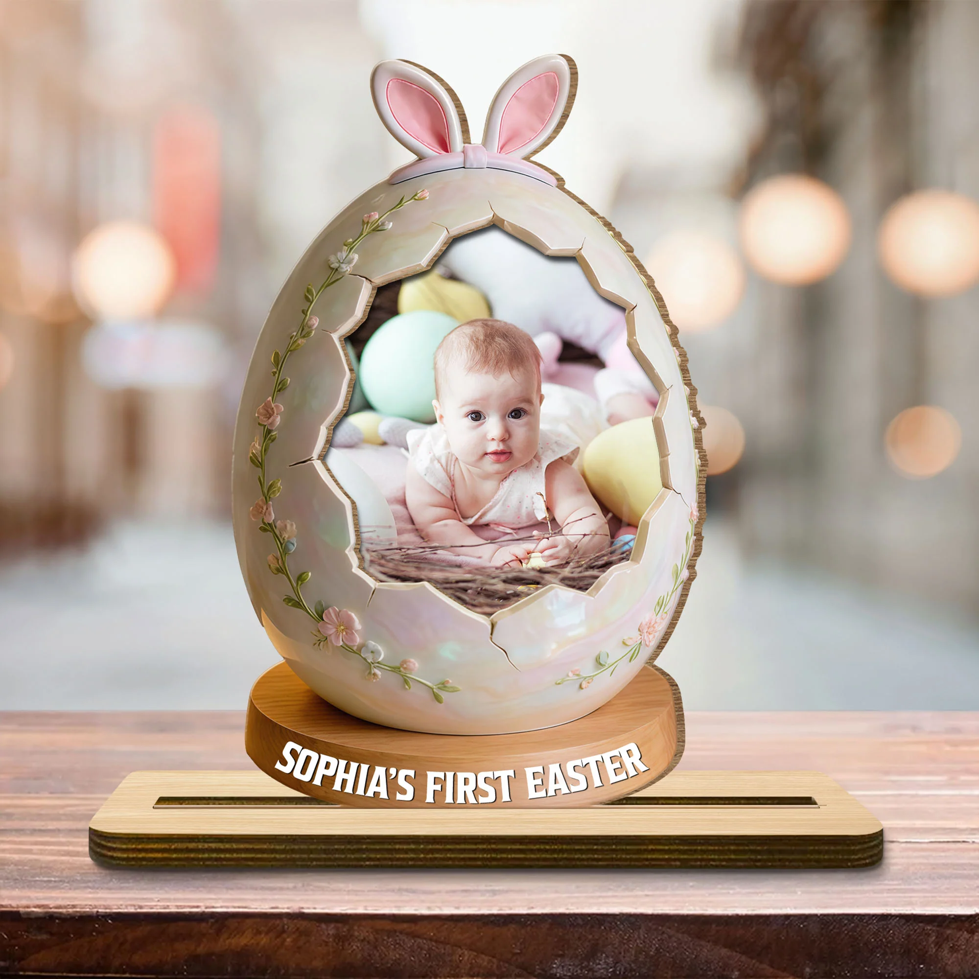 First Easter Personalized Photo Egg With Bunny Ears And Flowers - Personalized Custom 2-Layer Wood Plaque With Flat Base - KID583_WPLA - Image 6