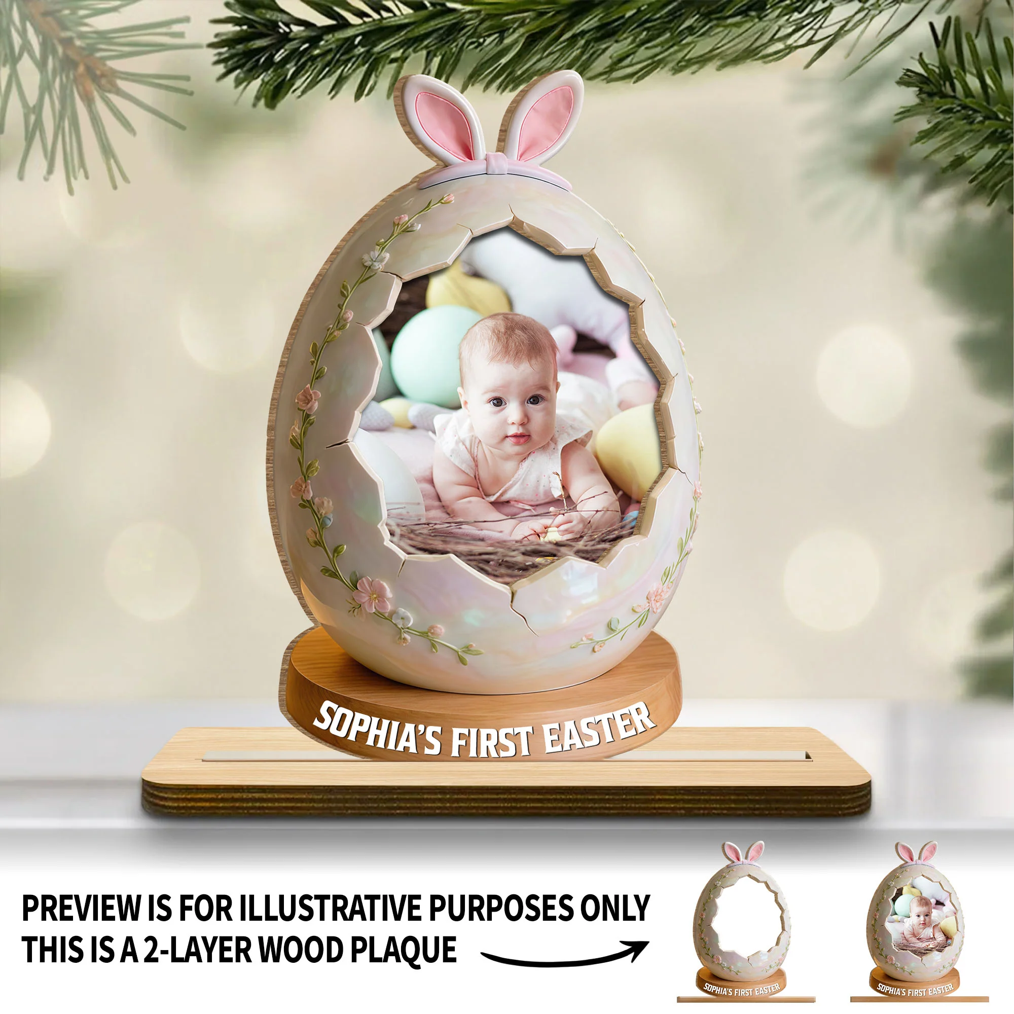 First Easter Personalized Photo Egg With Bunny Ears And Flowers - Personalized Custom 2-Layer Wood Plaque With Flat Base - KID583_WPLA - Image 7