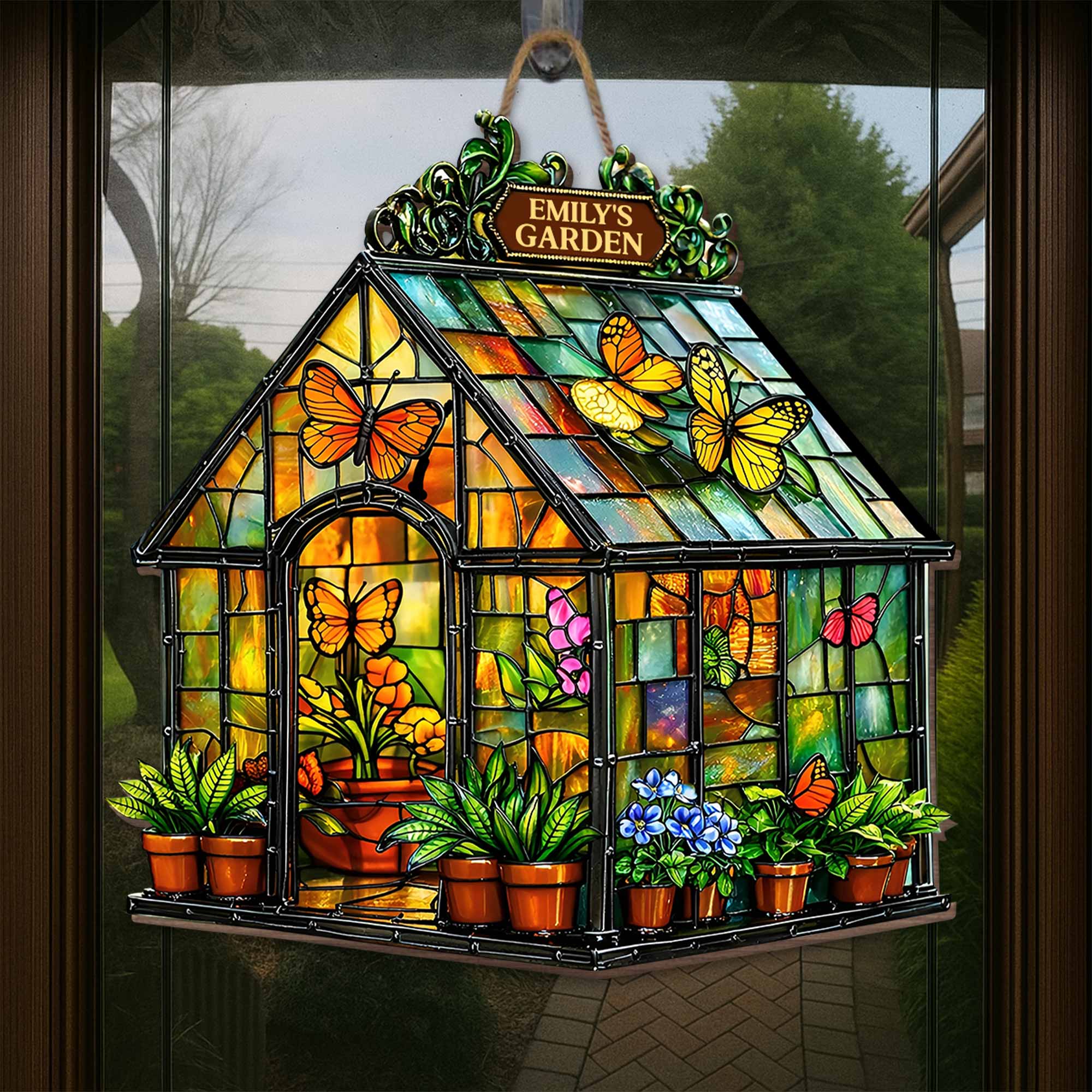 Garden Stained Glass Greenhouse Design With Butterflies And Flowers - Personalized Custom Shaped Wood Sign - GAR028_WSIGN