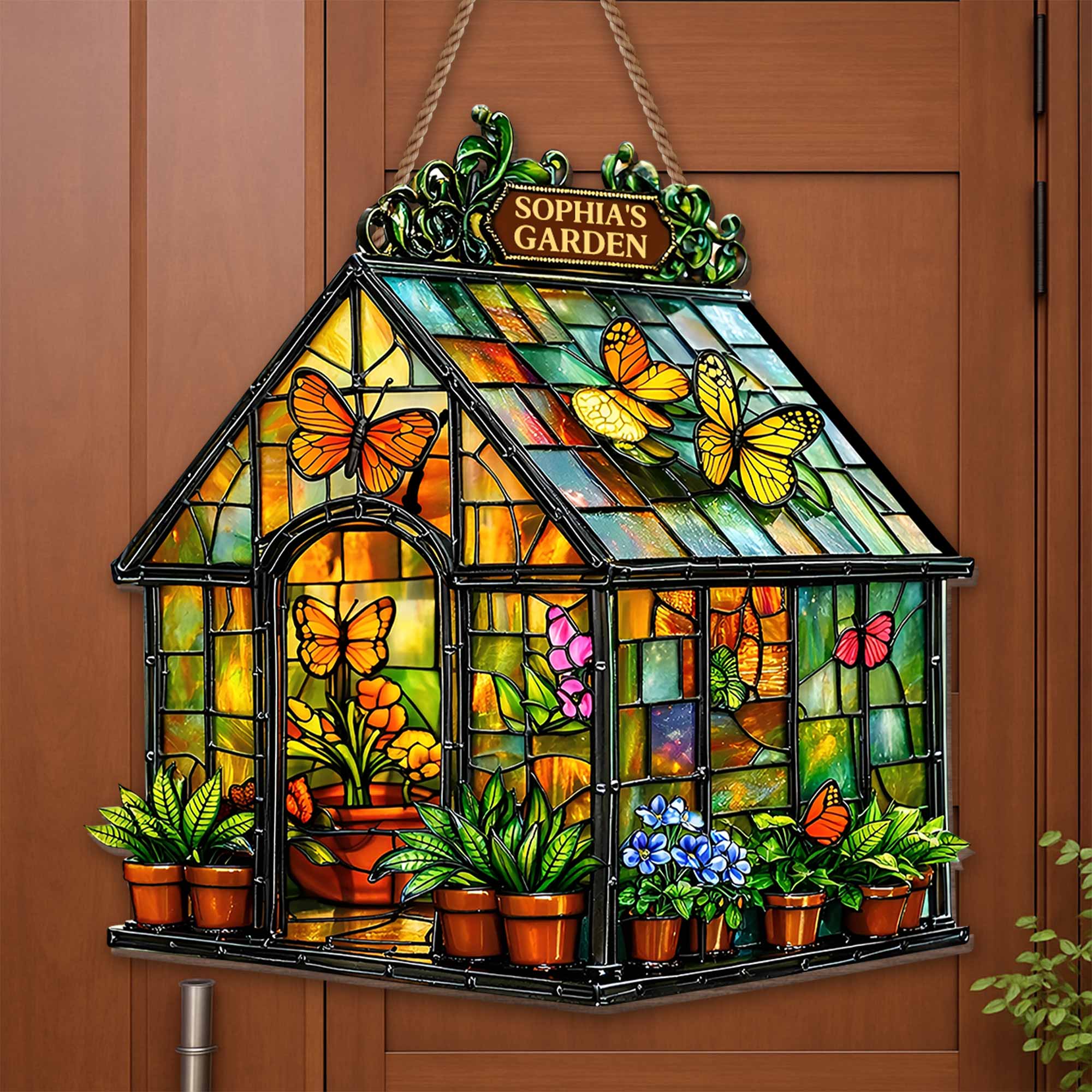 Garden Stained Glass Greenhouse Design With Butterflies And Flowers - Personalized Custom Shaped Wood Sign - GAR028_WSIGN - Image 4