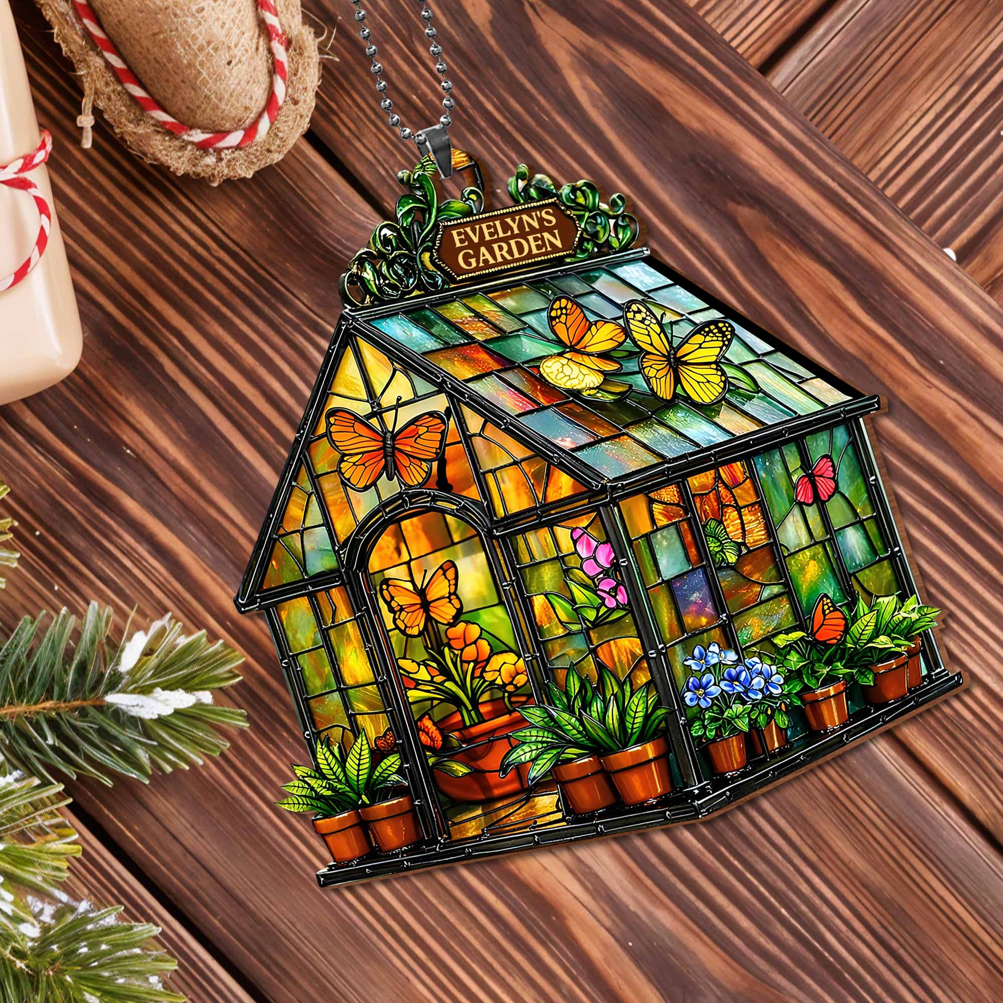 Garden Stained Glass Greenhouse With Colorful Butterflies And Flowers - Personalized Custom Wood Ornament, Car Hanging Ornament - GAR028_WCA - Image 10