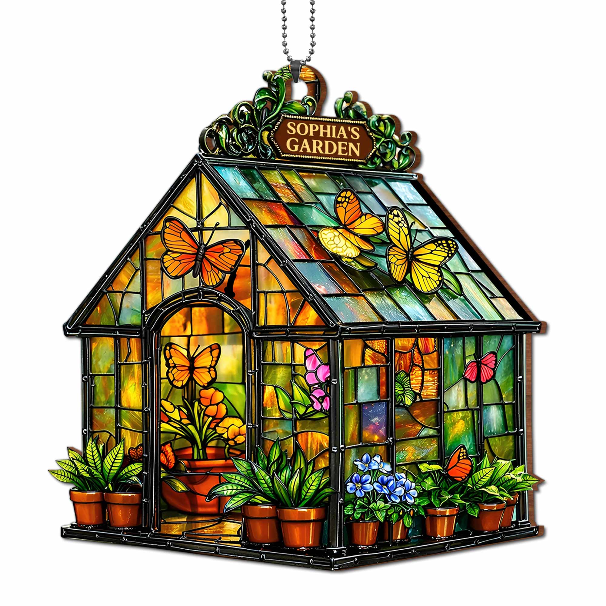 Garden Stained Glass Greenhouse With Colorful Butterflies And Flowers - Personalized Custom Wood Ornament, Car Hanging Ornament - GAR028_WCA - Image 11