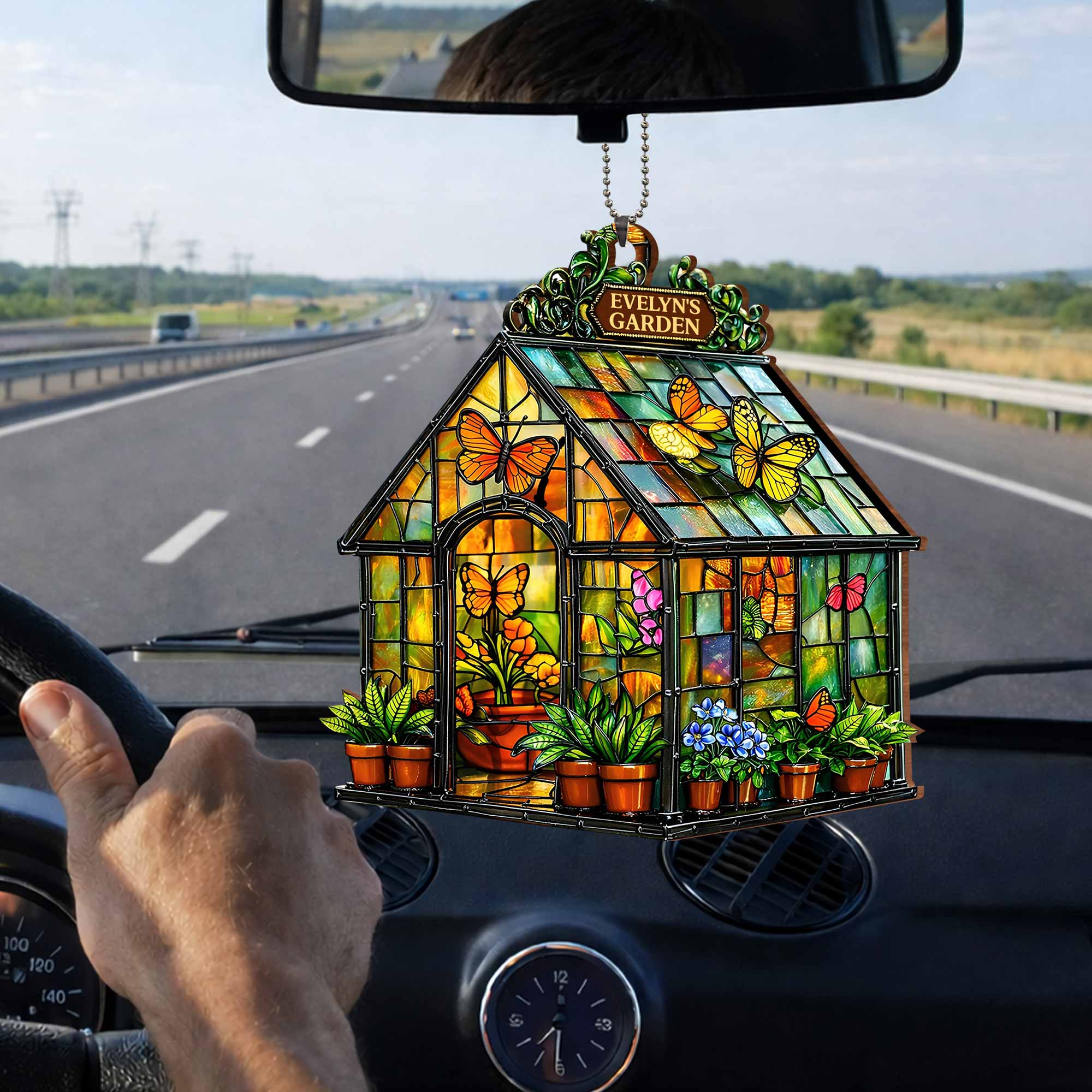 Garden Stained Glass Greenhouse With Colorful Butterflies And Flowers - Personalized Custom Wood Ornament, Car Hanging Ornament - GAR028_WCA - Image 5