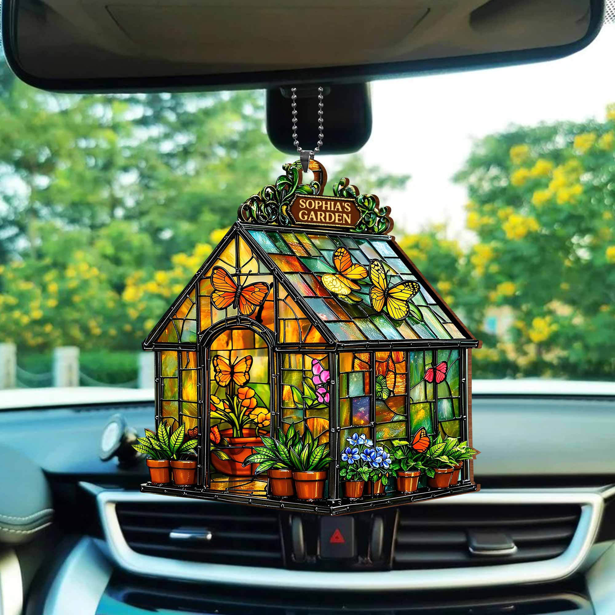 Garden Stained Glass Greenhouse With Colorful Butterflies And Flowers - Personalized Custom Wood Ornament, Car Hanging Ornament - GAR028_WCA - Image 6