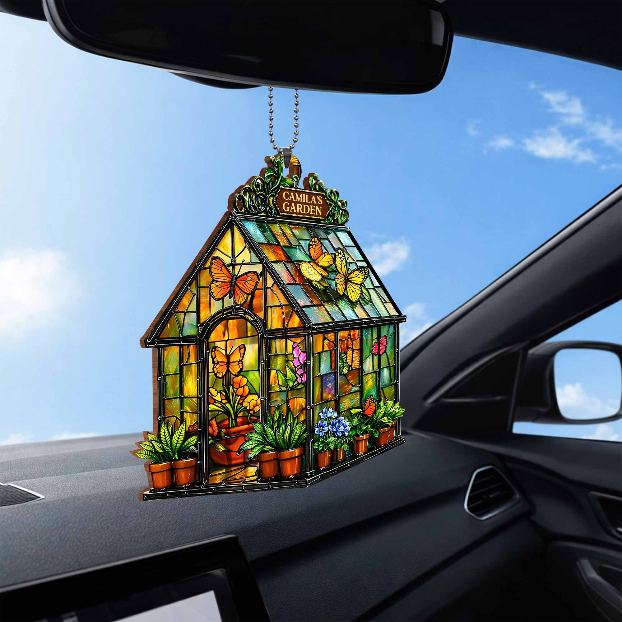 Garden Stained Glass Greenhouse With Colorful Butterflies And Flowers - Personalized Custom Wood Ornament, Car Hanging Ornament - GAR028_WCA - Image 7