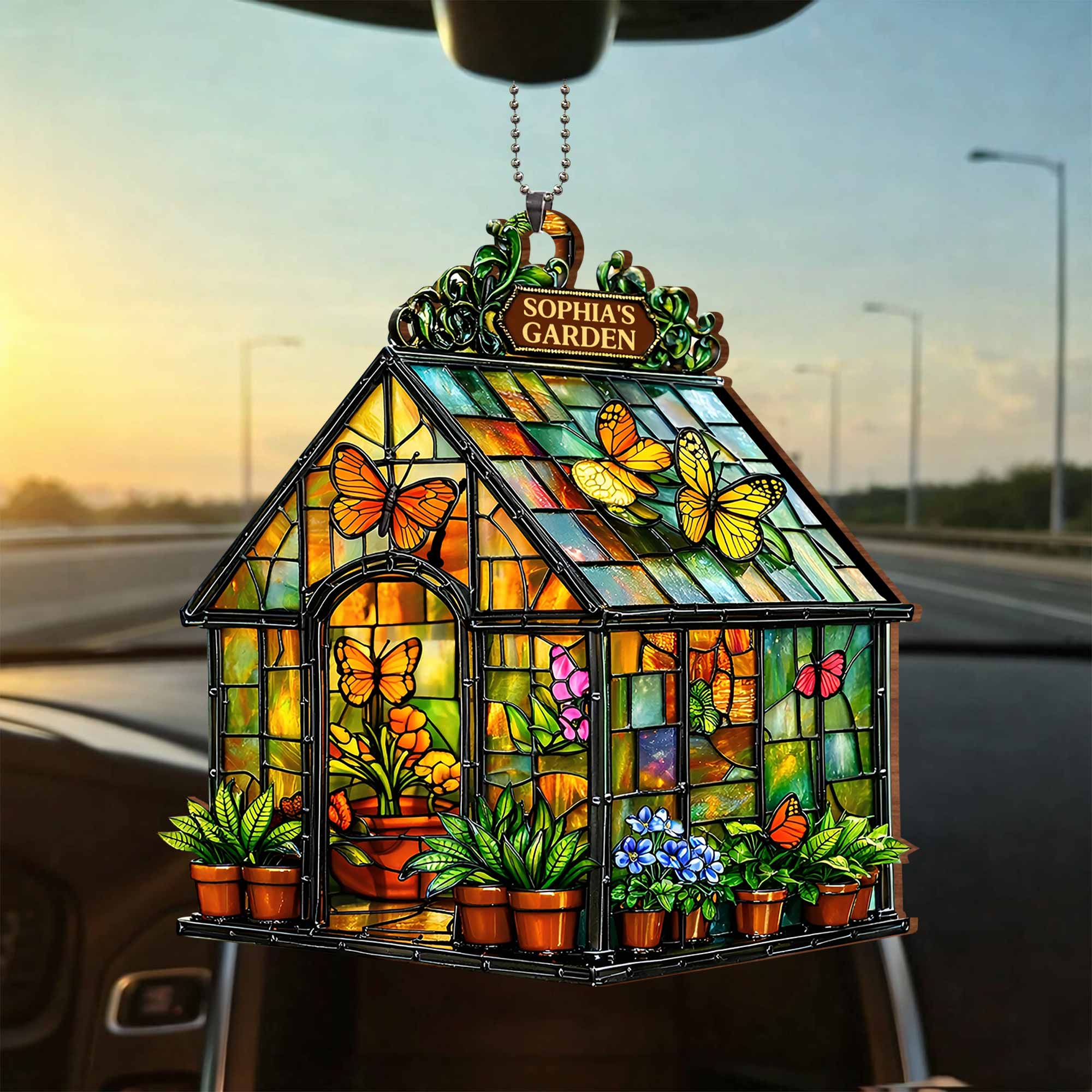 Garden Stained Glass Greenhouse With Colorful Butterflies And Flowers - Personalized Custom Wood Ornament, Car Hanging Ornament - GAR028_WCA - Image 8