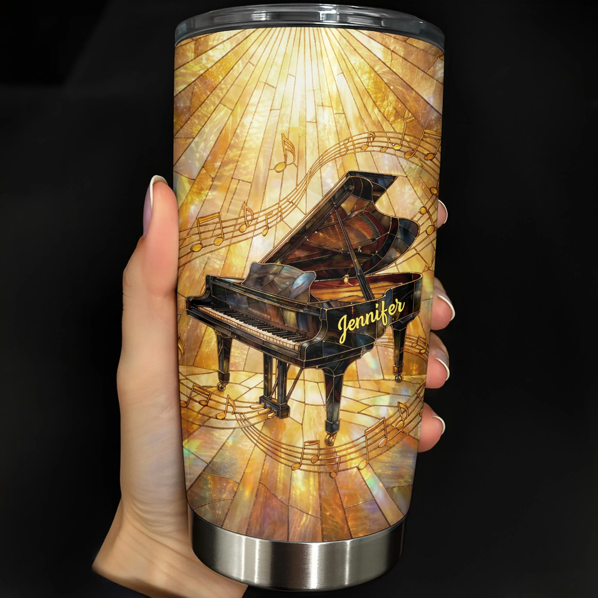 Grand Piano Surrounded By A Symphony Of Musical Notes And Light - Personalized Custom Stainless Steel Tumbler 20oz 30oz - HOB086_TB