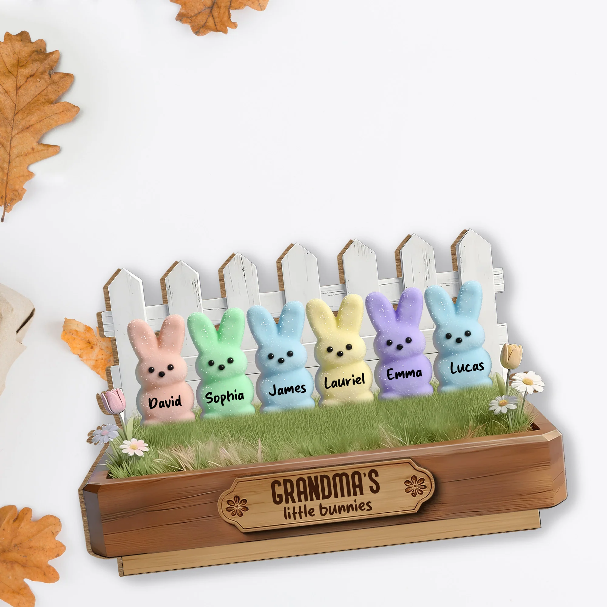 Grandma's Little Bunnies Garden Box With Colorful Marshmallow Bunnies And Flowers - Personalized Custom 2-Layer Wood Plaque With Flat Base - GRM109_WPLA - Image 4