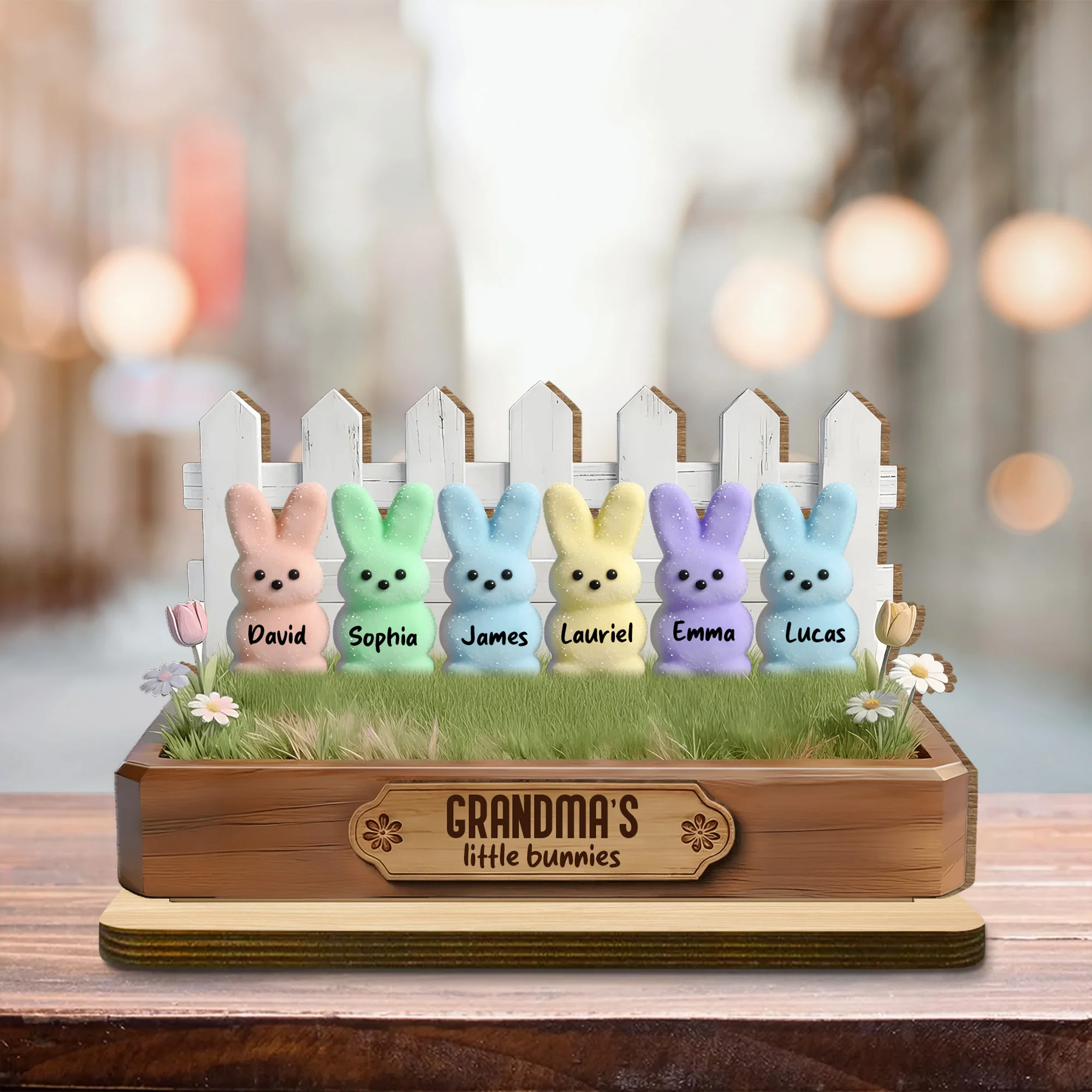 Grandma's Little Bunnies Garden Box With Colorful Marshmallow Bunnies And Flowers - Personalized Custom 2-Layer Wood Plaque With Flat Base - GRM109_WPLA - Image 6