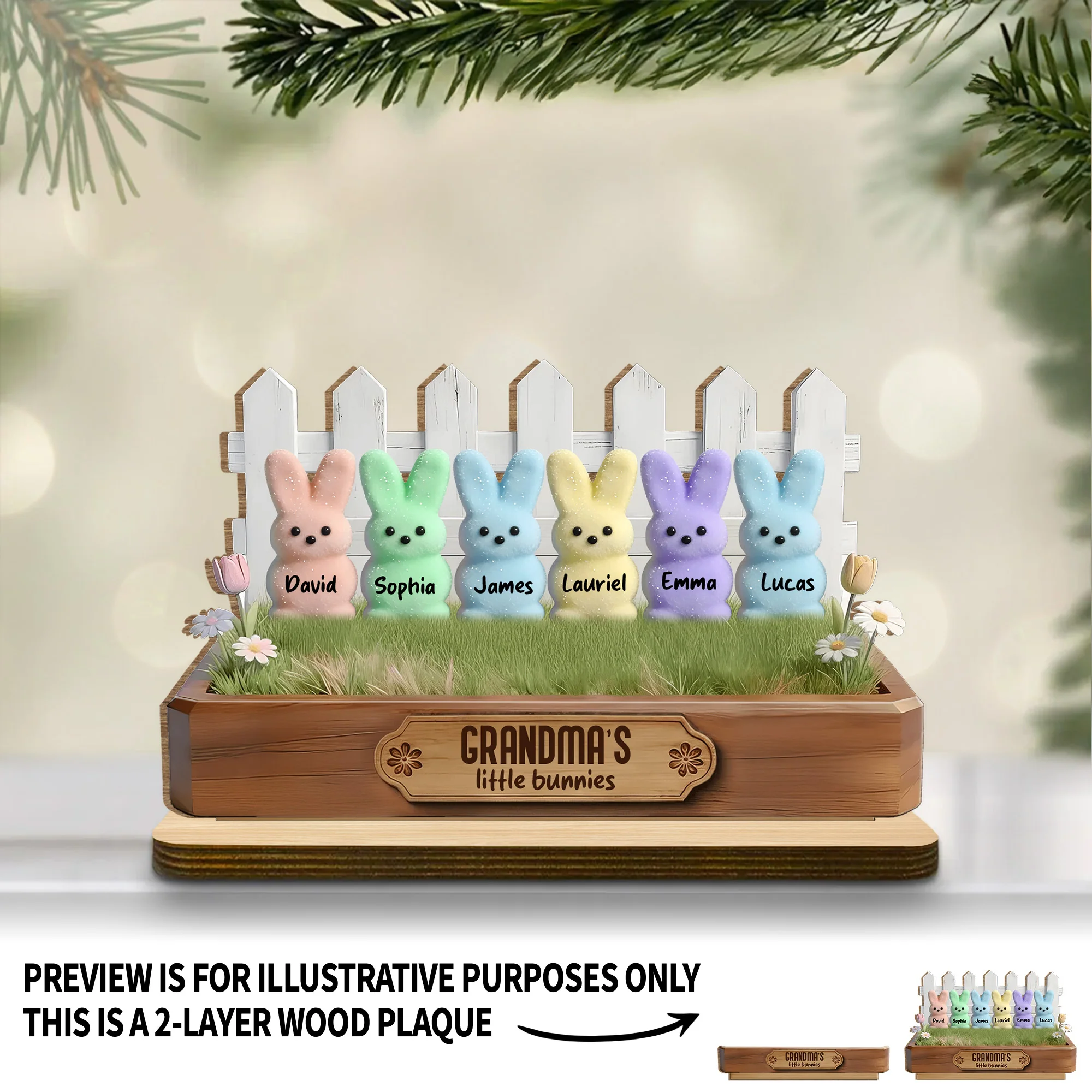 Grandma's Little Bunnies Garden Box With Colorful Marshmallow Bunnies And Flowers - Personalized Custom 2-Layer Wood Plaque With Flat Base - GRM109_WPLA - Image 7