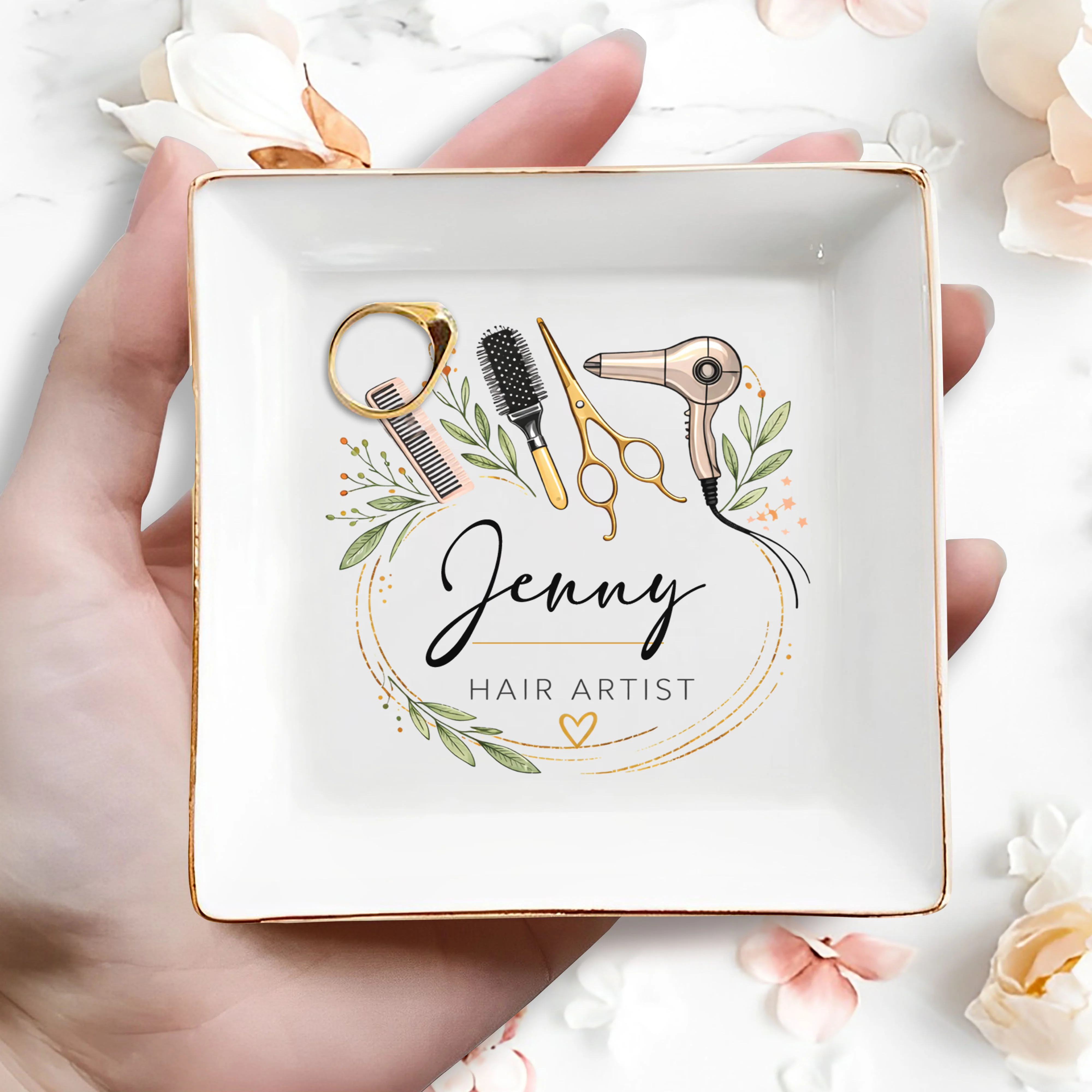 Hair Artist Floral Wreath With Hair Dryer Scissors And Comb - Personalized Custom Jewelry Dish, Square Ceramic Dish - JBS167_SCRD - Image 2