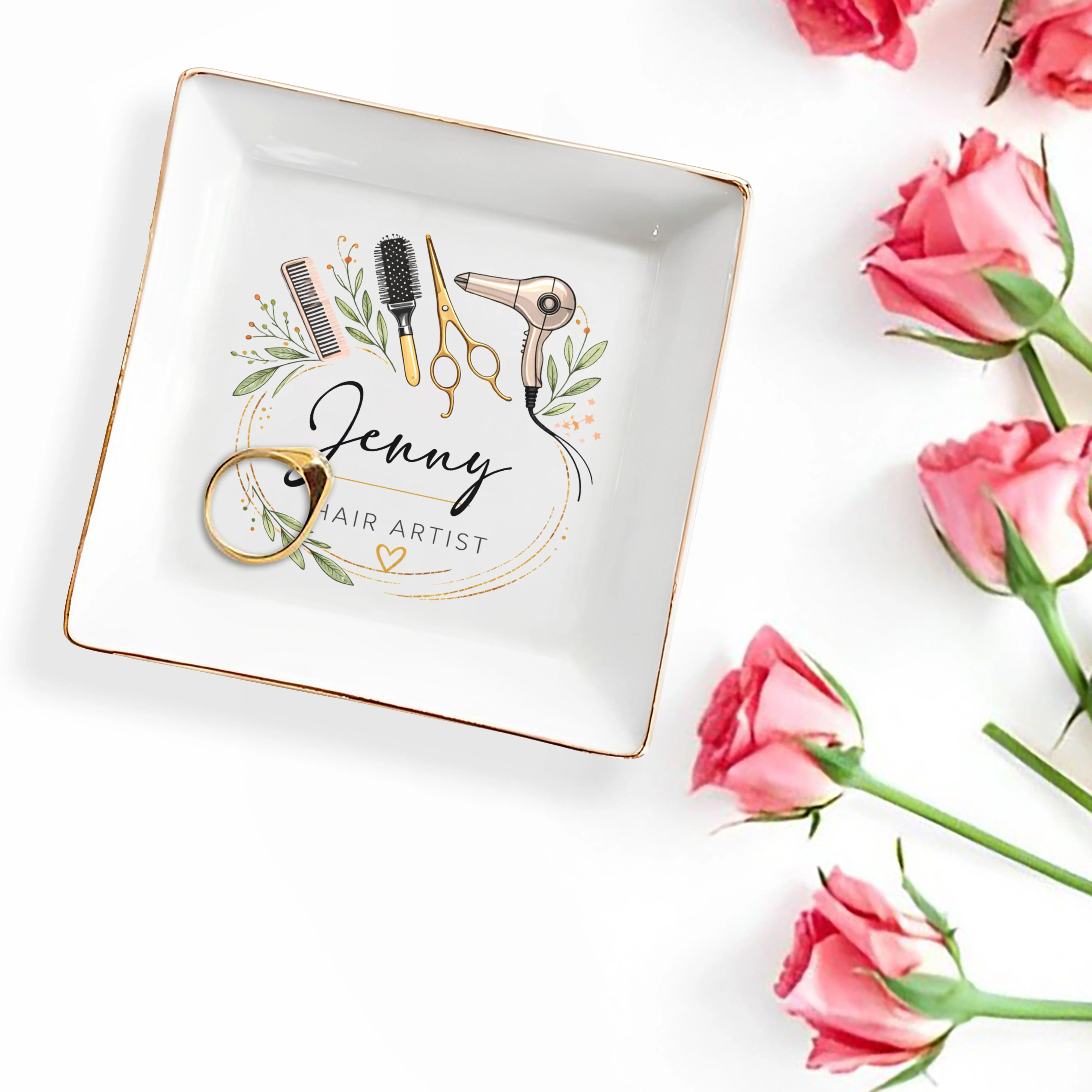 Hair Artist Floral Wreath With Hair Dryer Scissors And Comb - Personalized Custom Jewelry Dish, Square Ceramic Dish - JBS167_SCRD - Image 3
