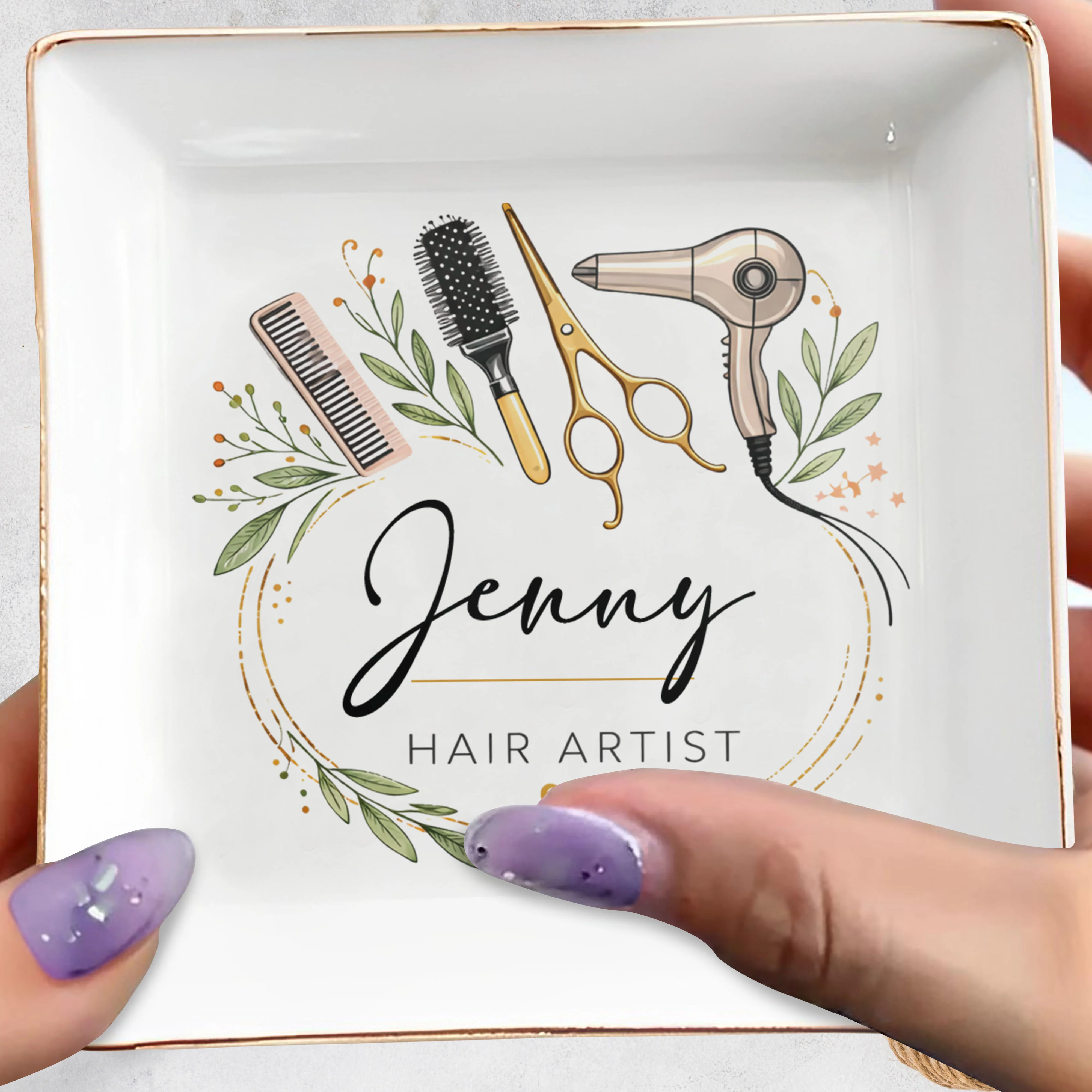 Hair Artist Floral Wreath With Hair Dryer Scissors And Comb - Personalized Custom Jewelry Dish, Square Ceramic Dish - JBS167_SCRD - Image 6