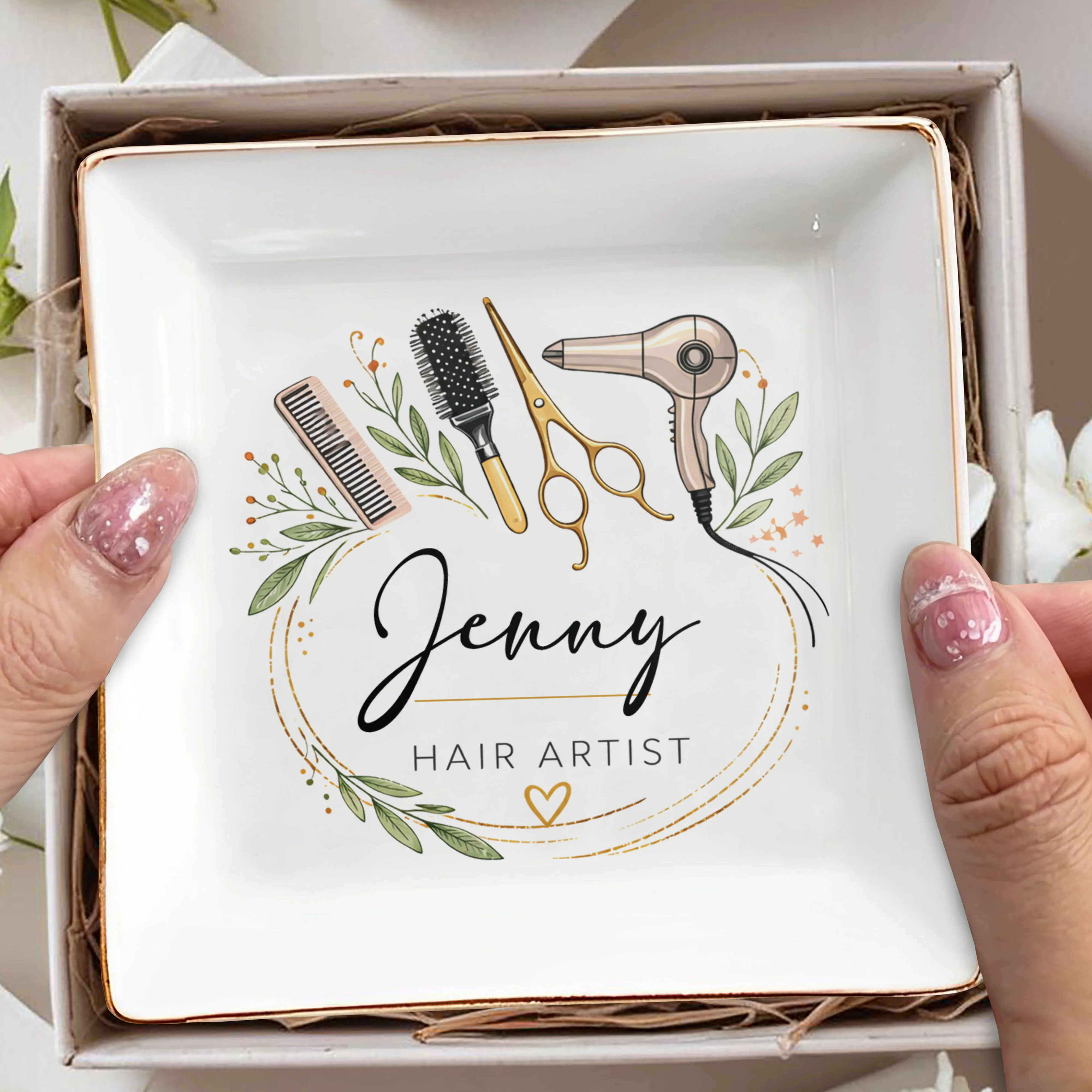 Hair Artist Floral Wreath With Hair Dryer Scissors And Comb - Personalized Custom Jewelry Dish, Square Ceramic Dish - JBS167_SCRD - Image 7