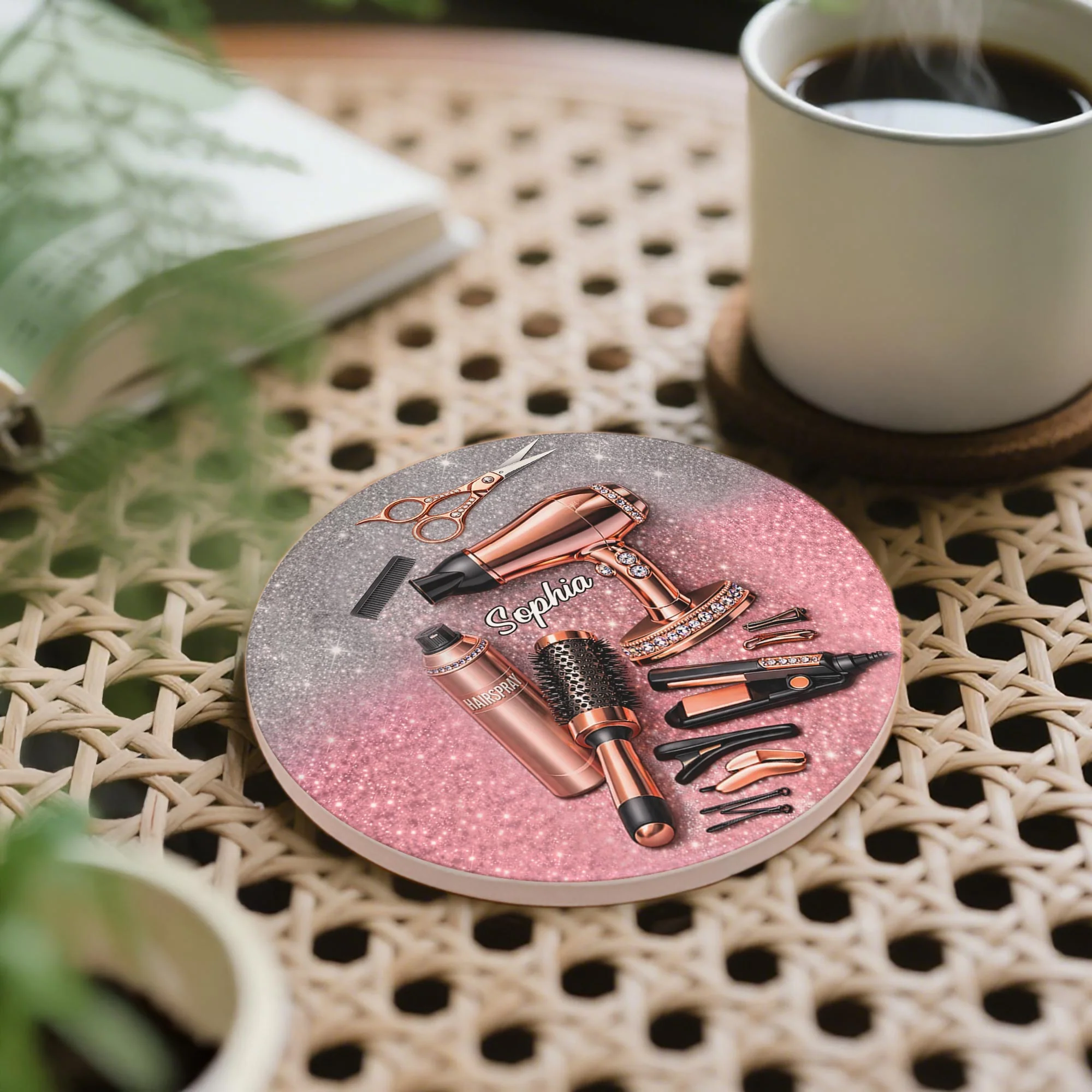 Hairstylist Passion Glamour With Rose Gold Hairdryer And Scissors - Personalized Custom Ceramic Coaster - HAIR001_ROCO
