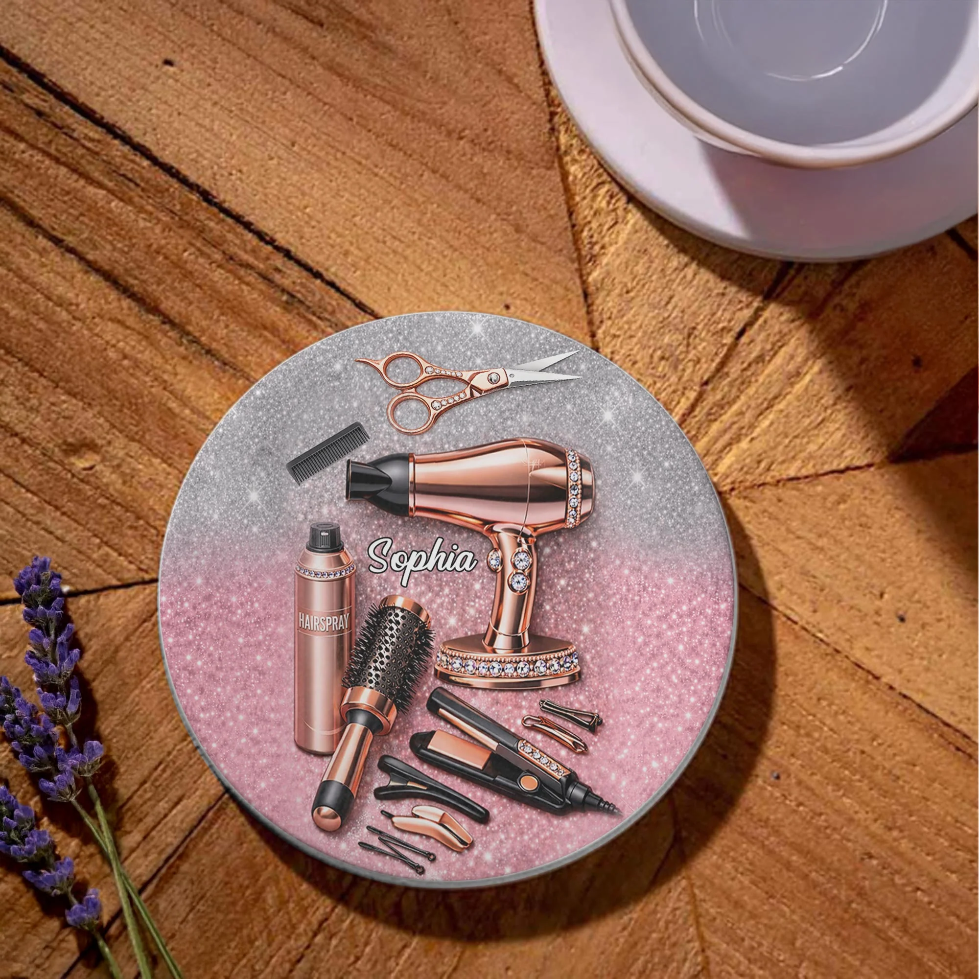 Hairstylist Passion Glamour With Rose Gold Hairdryer And Scissors - Personalized Custom Ceramic Coaster - HAIR001_ROCO - Image 2