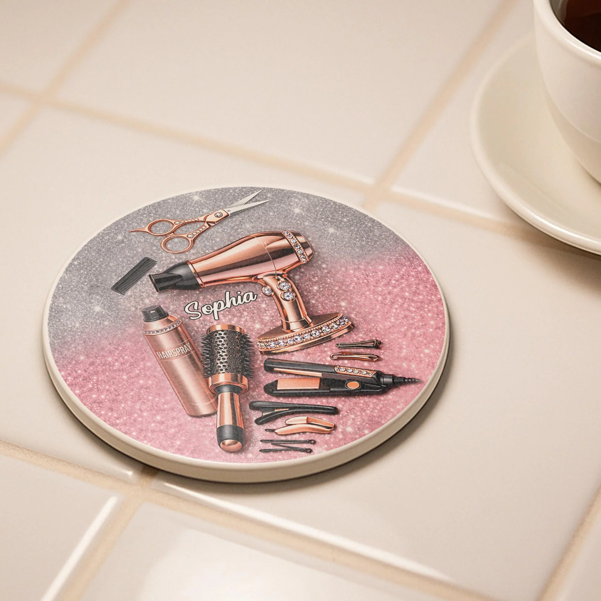 Hairstylist Passion Glamour With Rose Gold Hairdryer And Scissors - Personalized Custom Ceramic Coaster - HAIR001_ROCO - Image 3