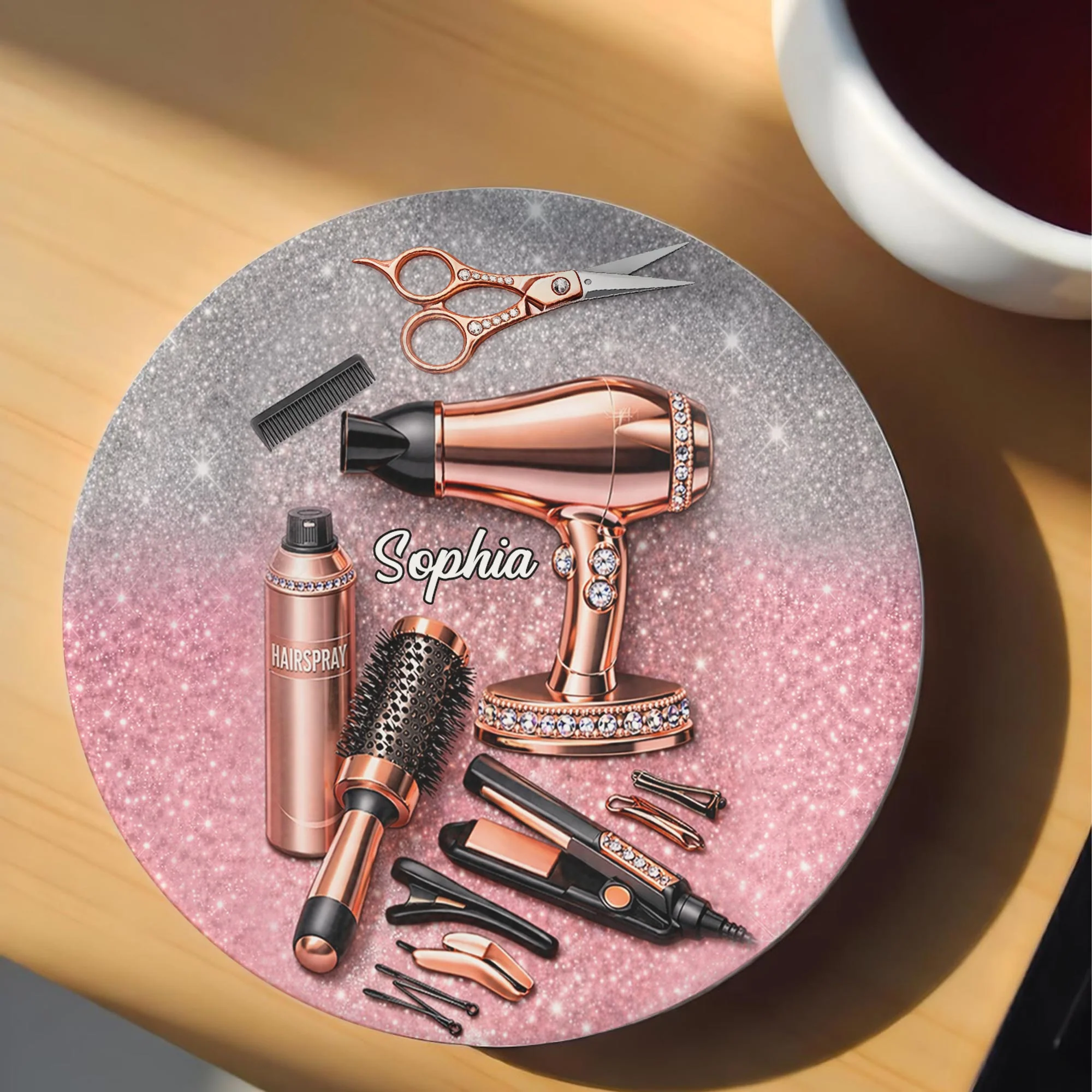 Hairstylist Passion Glamour With Rose Gold Hairdryer And Scissors - Personalized Custom Ceramic Coaster - HAIR001_ROCO - Image 5