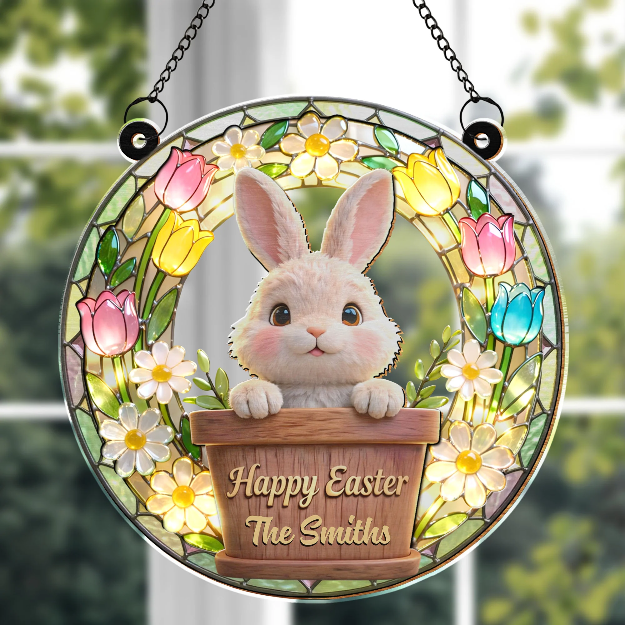 Happy Easter Cute Bunny In Flower Pot With Tulips And Daisies - Personalized Custom Suncatcher - FAM815_CSUN