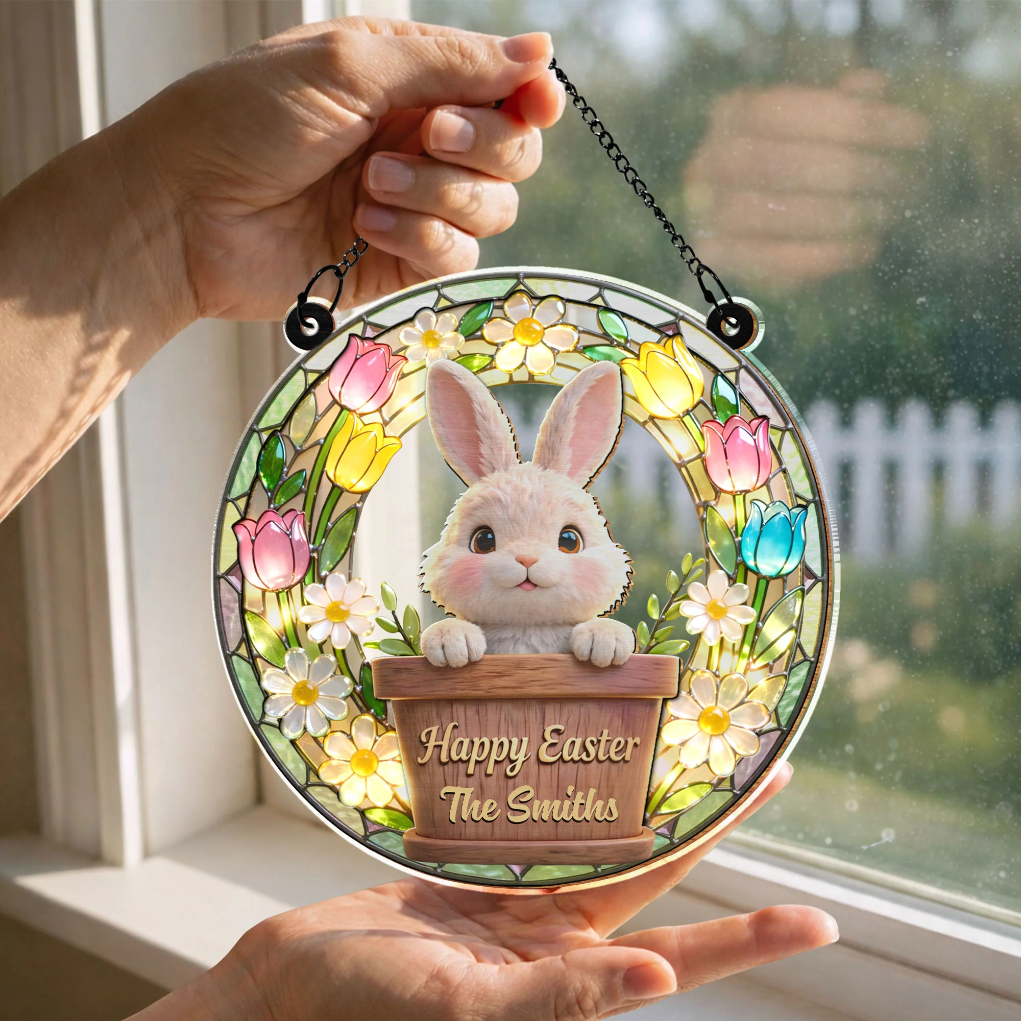 Happy Easter Cute Bunny In Flower Pot With Tulips And Daisies - Personalized Custom Suncatcher - FAM815_CSUN - Image 2