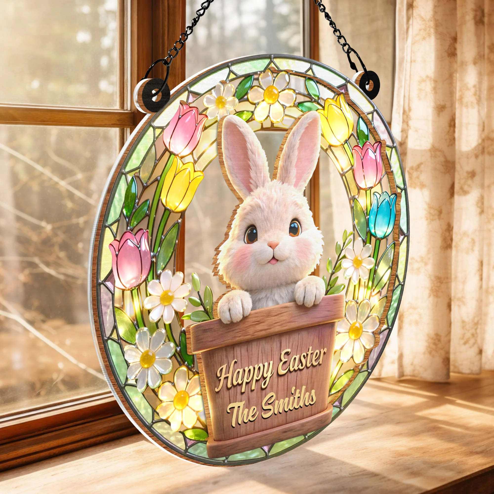 Happy Easter Cute Bunny In Flower Pot With Tulips And Daisies - Personalized Custom Suncatcher - FAM815_CSUN - Image 5