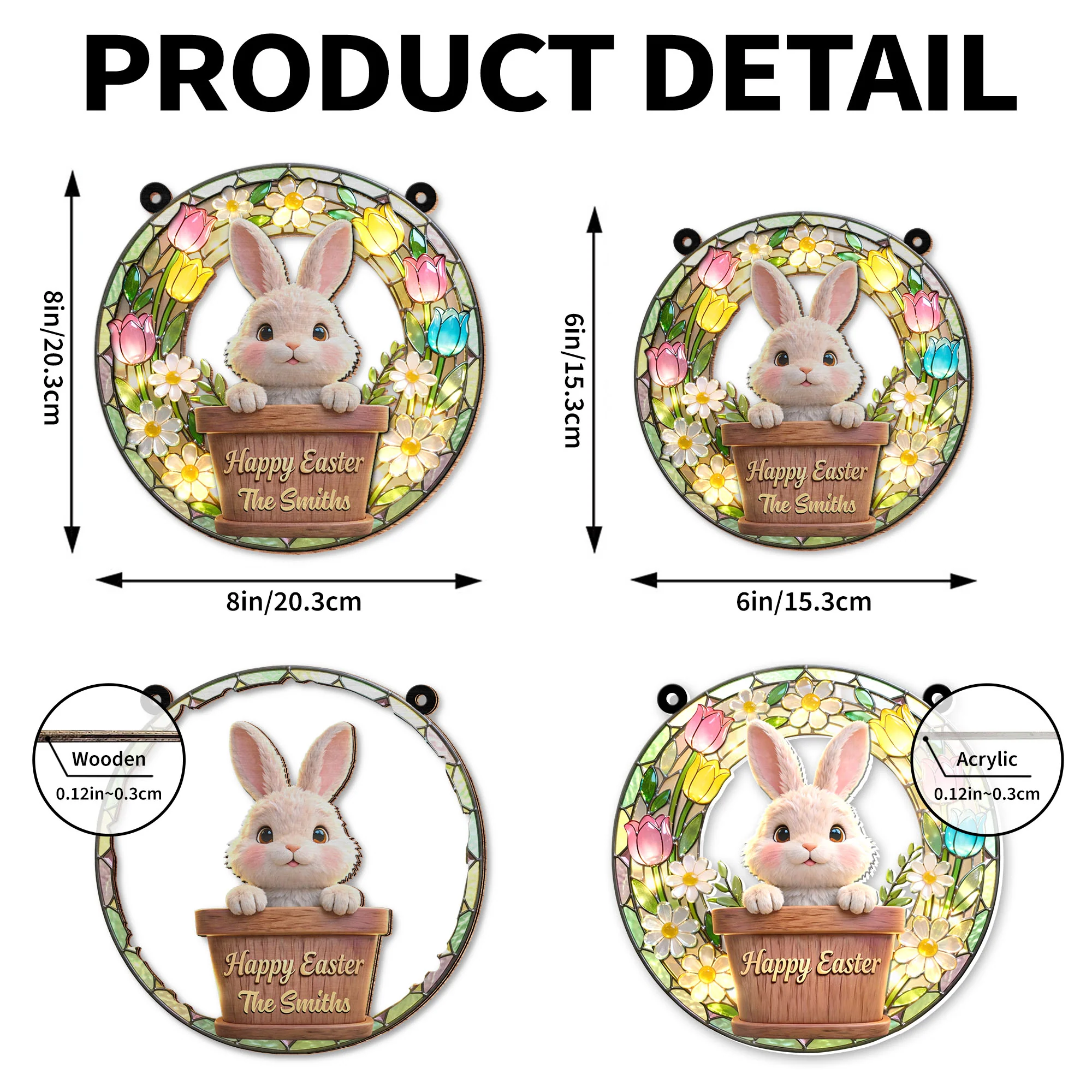 Happy Easter Cute Bunny In Flower Pot With Tulips And Daisies - Personalized Custom Suncatcher - FAM815_CSUN - Image 8