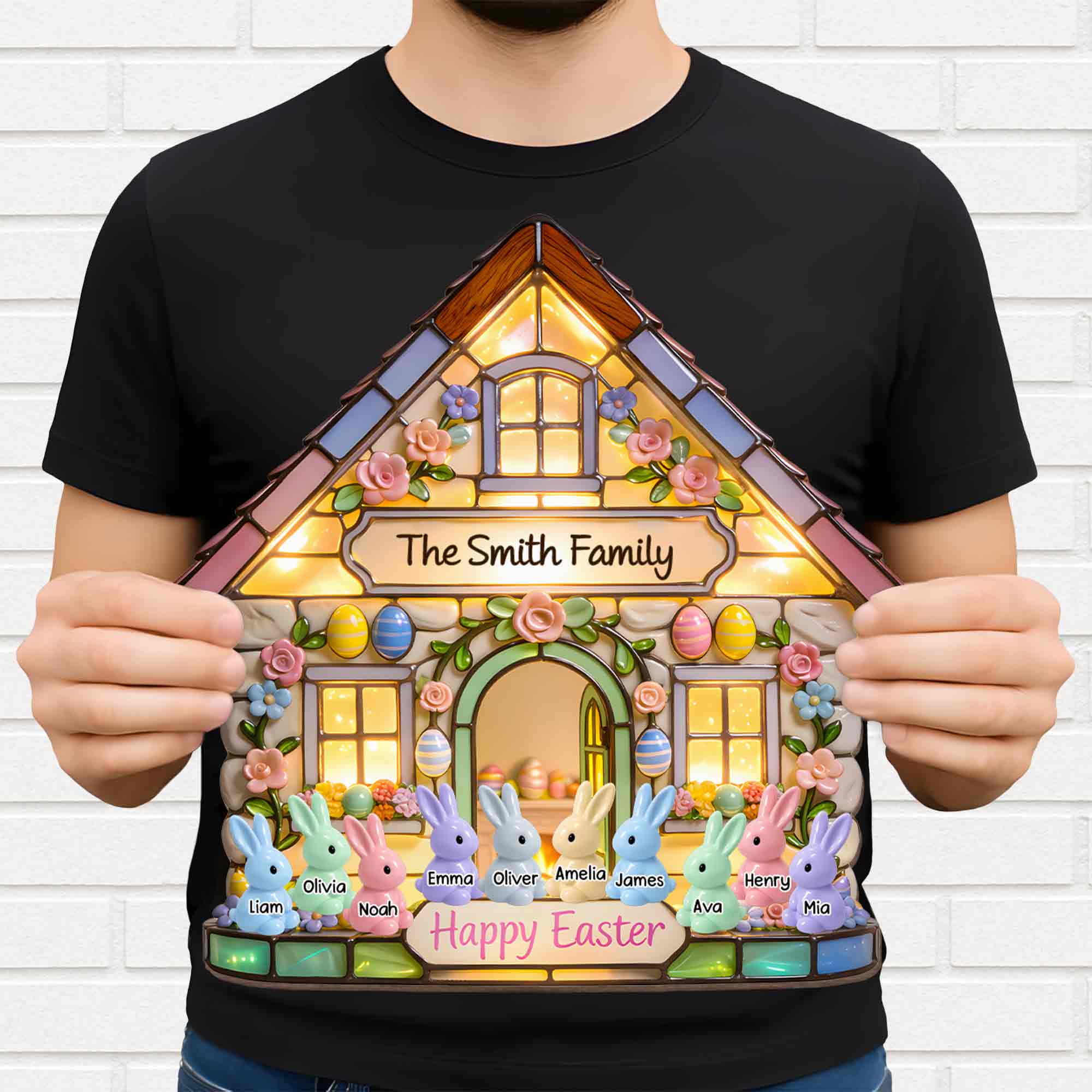 Happy Easter Family House With Colorful Bunnies And Spring Flowers - Personalized Custom Shaped Wood Sign - FAM819_WSIGN - Image 3