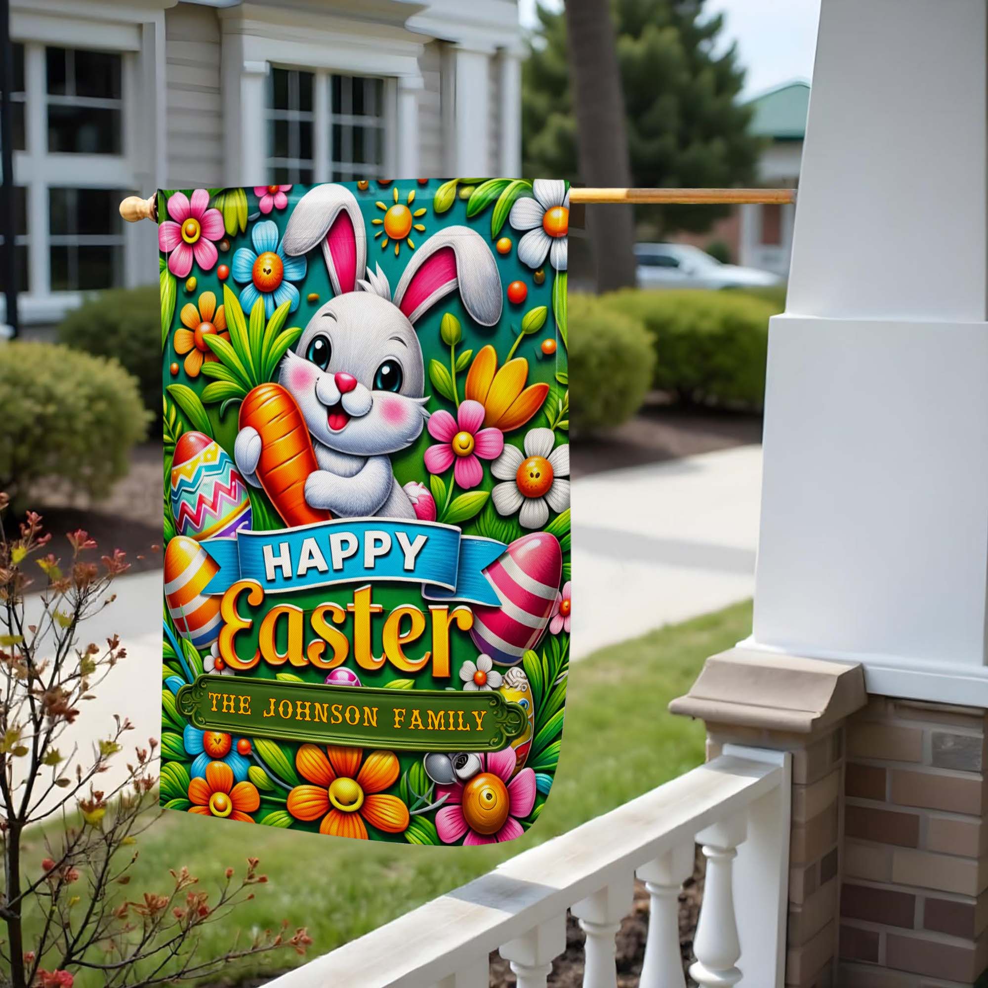 Happy Easter Personalized Bunny With Carrot And Colorful Flowers - Personalized Flag - FTH131_GAF - Image 3