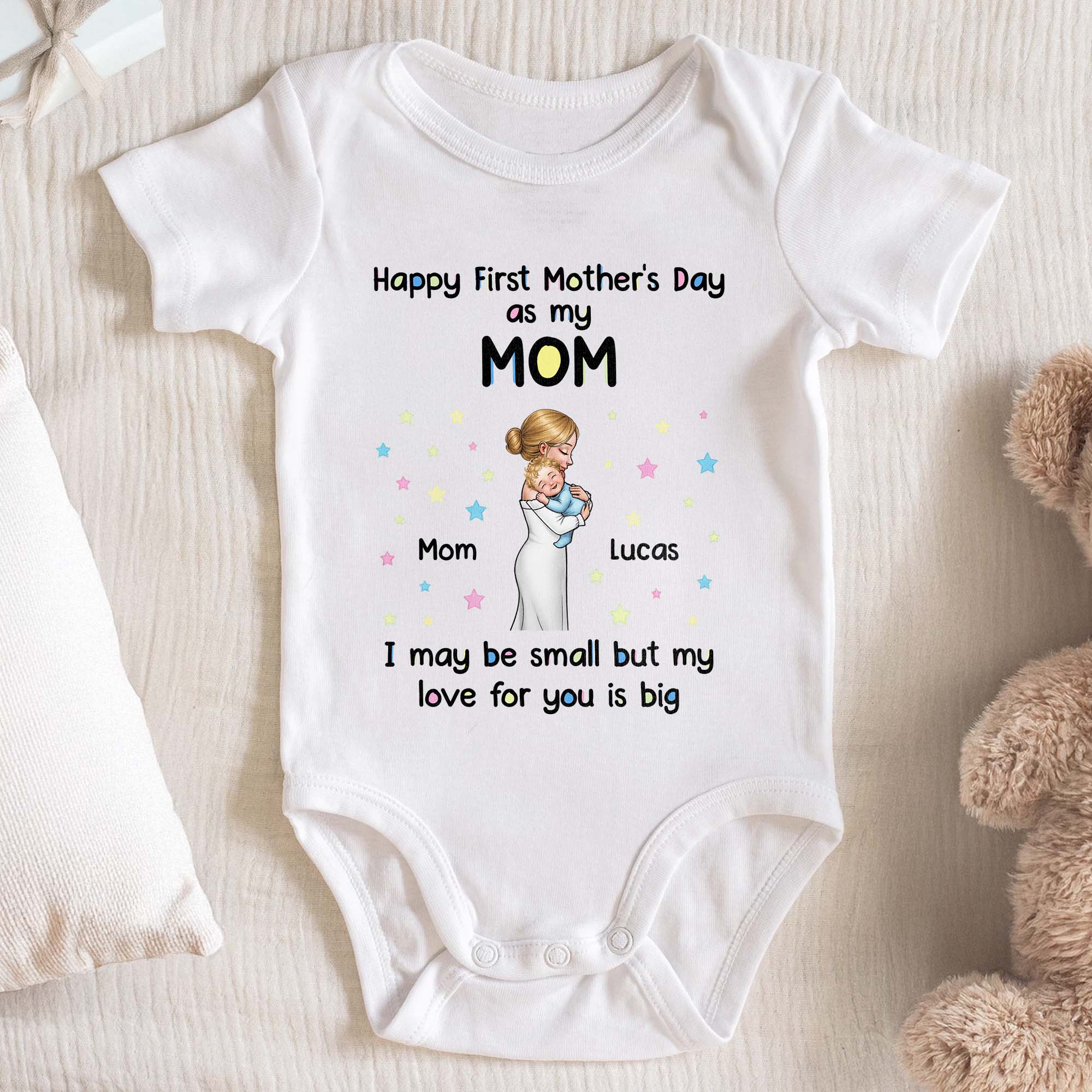 Happy First Mother's Day As My Mom With Mother Baby And Stars - Personalized Custom Baby Onesie - MOM186_ONES
