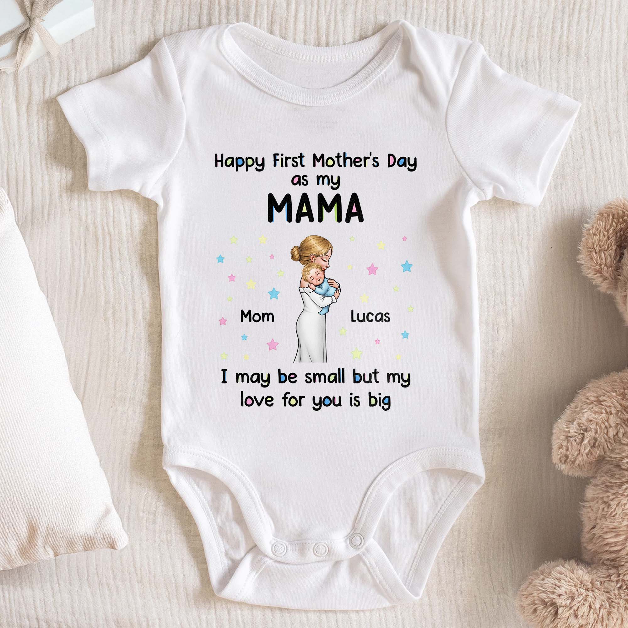 Happy First Mother's Day As My Mom With Mother Baby And Stars - Personalized Custom Baby Onesie - MOM186_ONES - Image 2