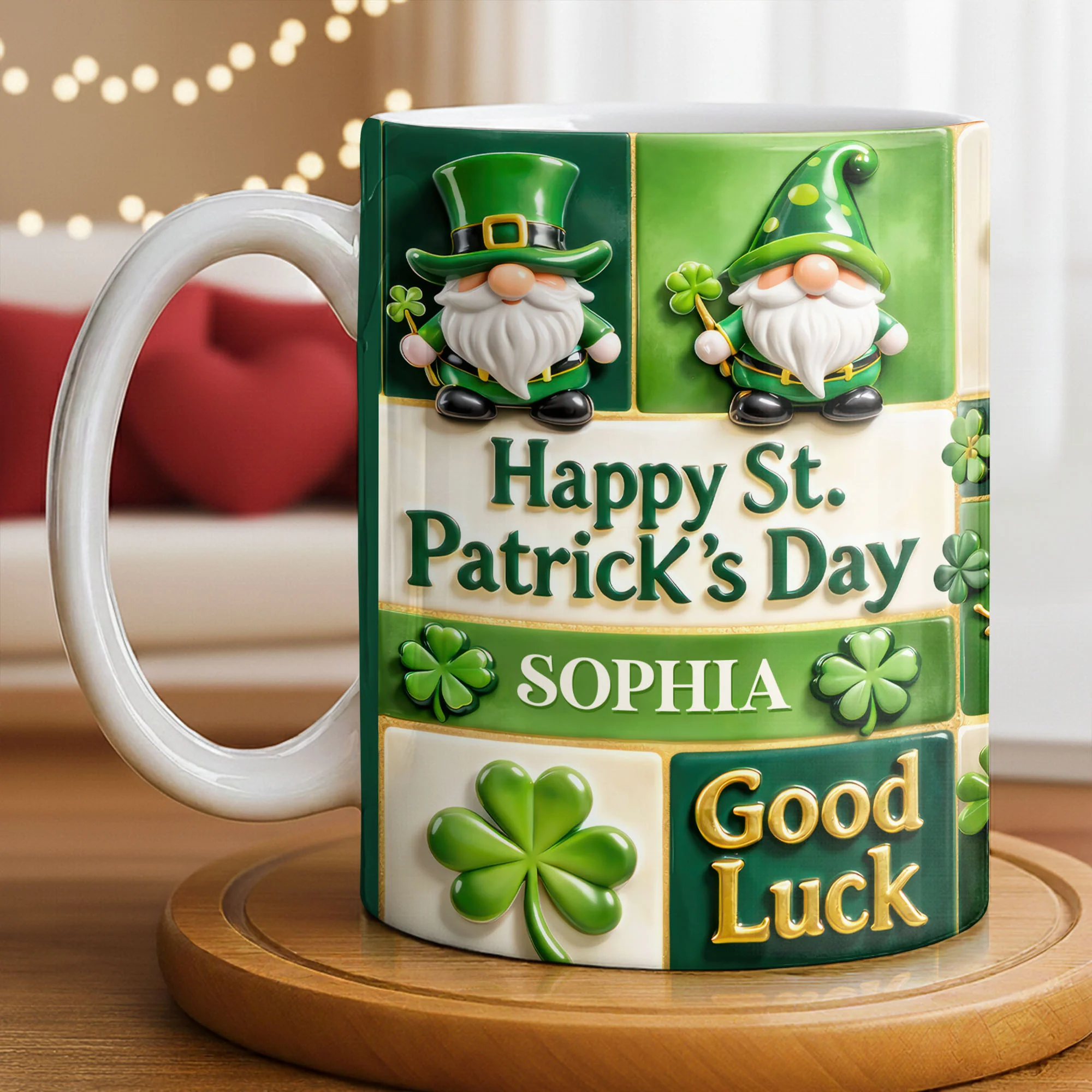 Happy St. Patrick's Day Good Luck Gnomes and Shamrocks - Personalized Custom Coffee Mug - FAM803_MG - Image 4