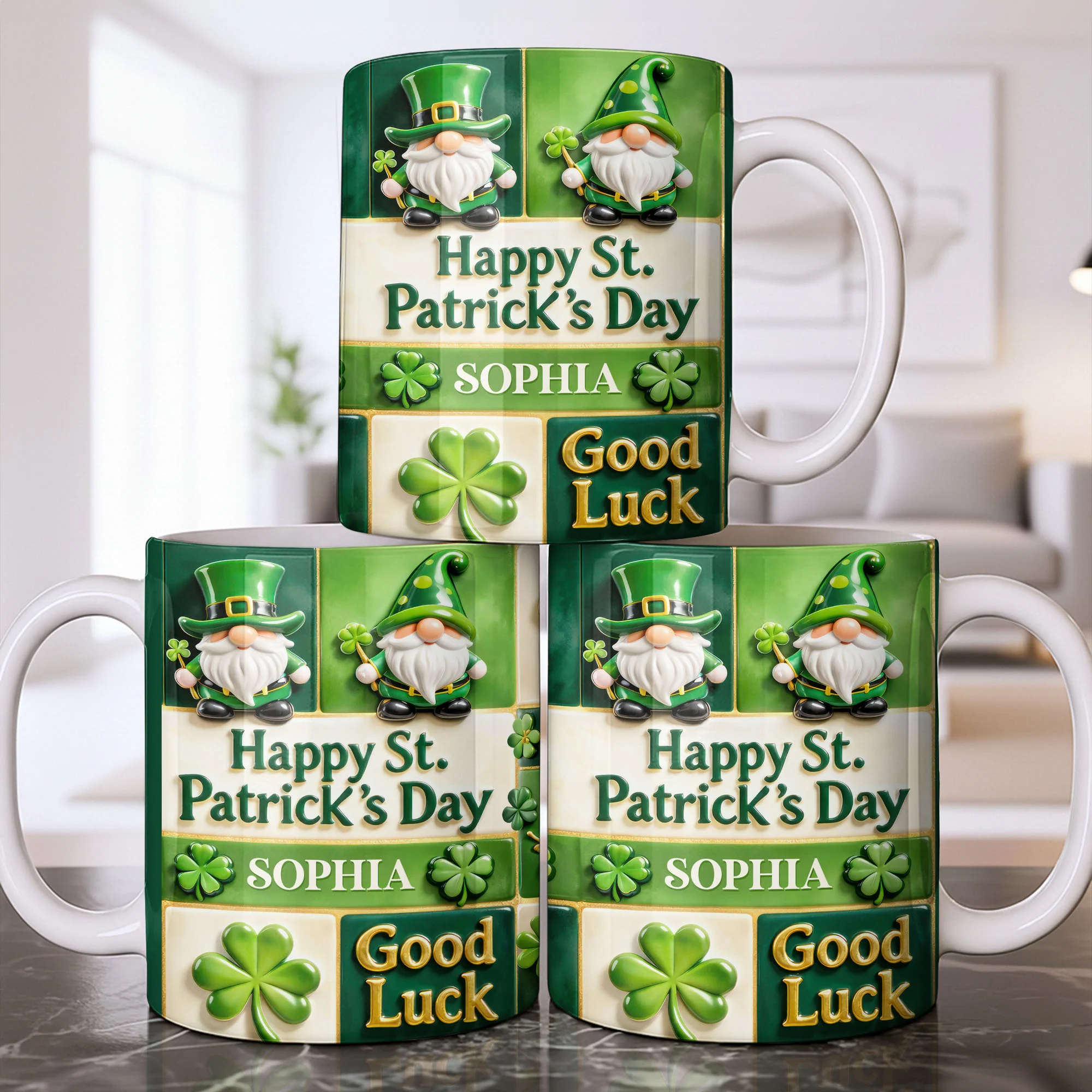 Happy St. Patrick's Day Good Luck Gnomes and Shamrocks - Personalized Custom Coffee Mug - FAM803_MG - Image 9