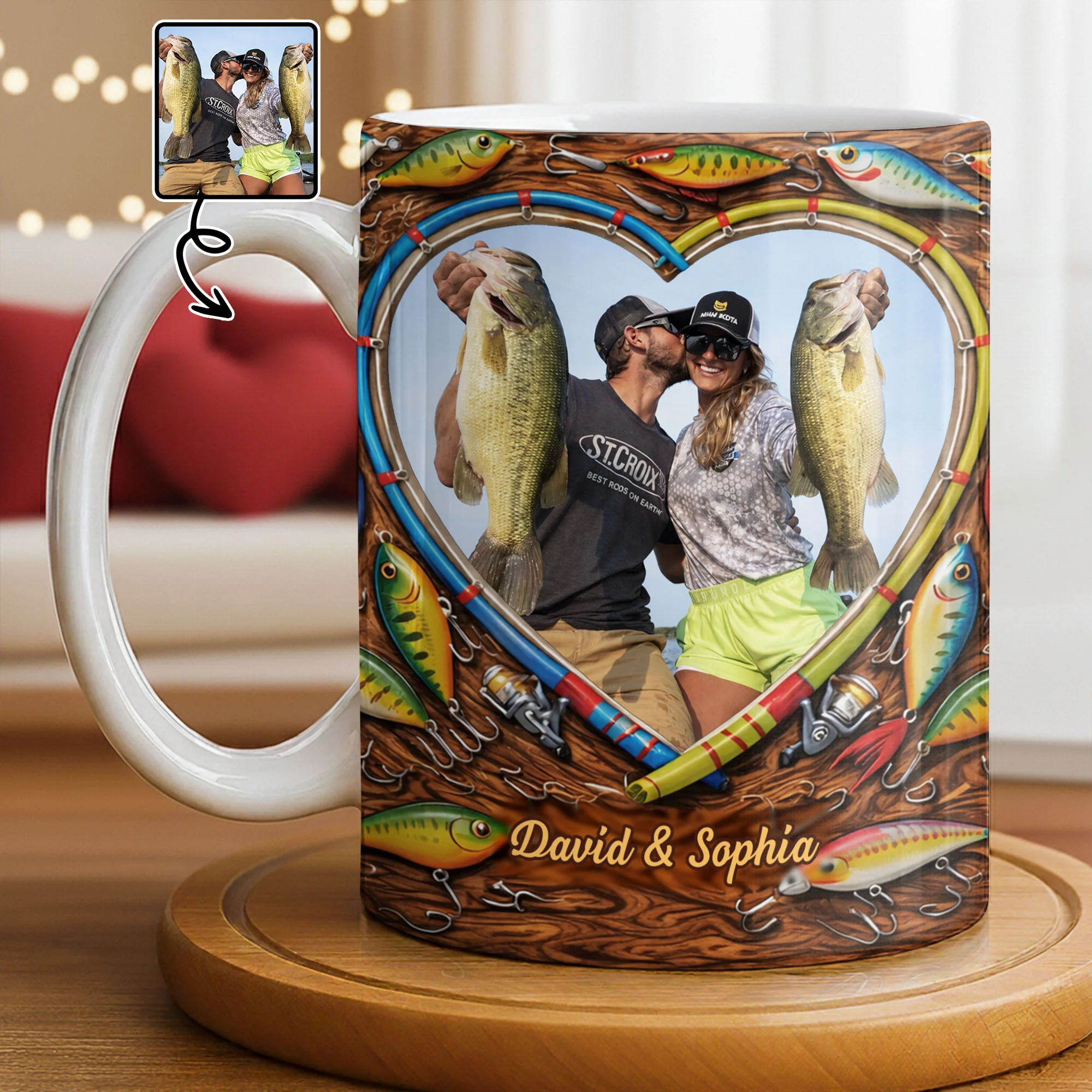 Hooked On Love Forever Fishing Rod Heart With Fish Lures - Personalized Custom Coffee Mug - FISH029_MG - Image 2